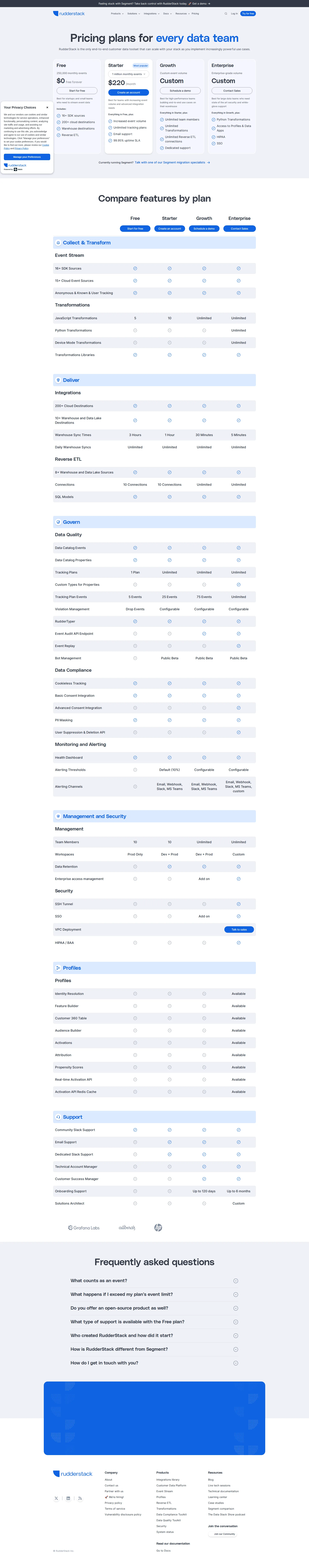 RudderStack pricing page screenshot