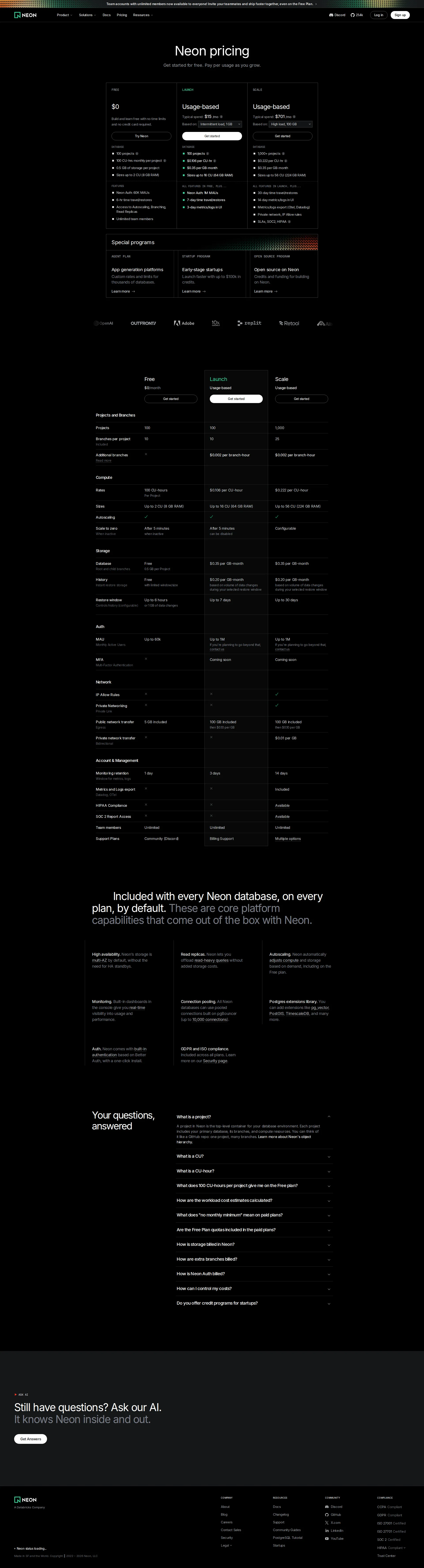 Neon pricing page screenshot