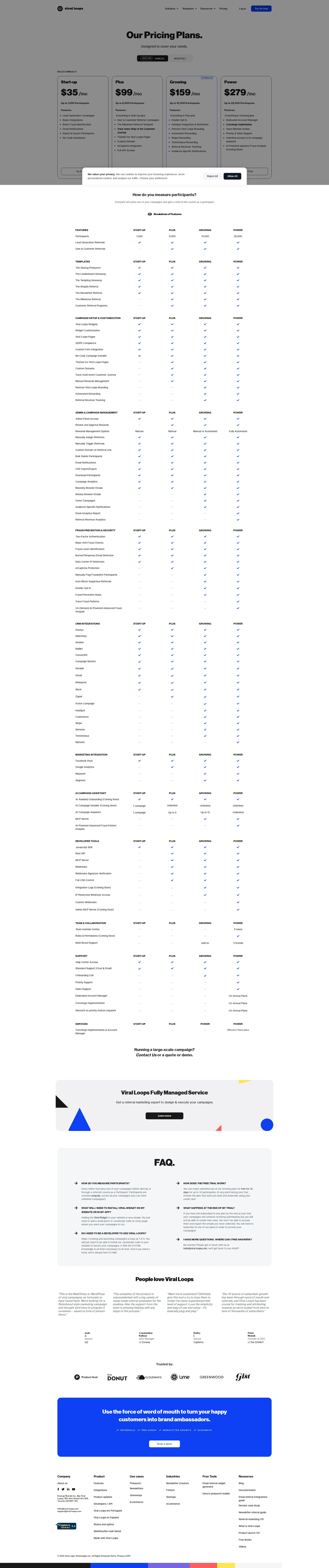 Viral Loops pricing page screenshot