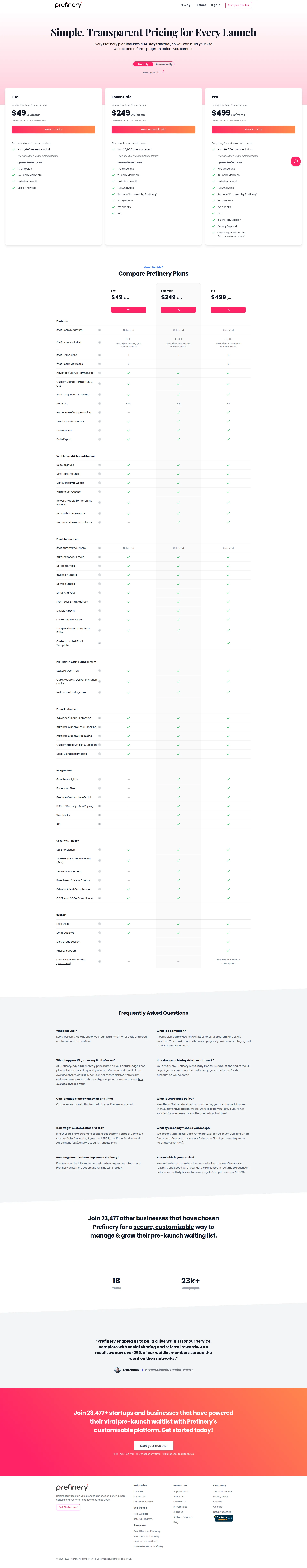 Prefinery pricing page screenshot