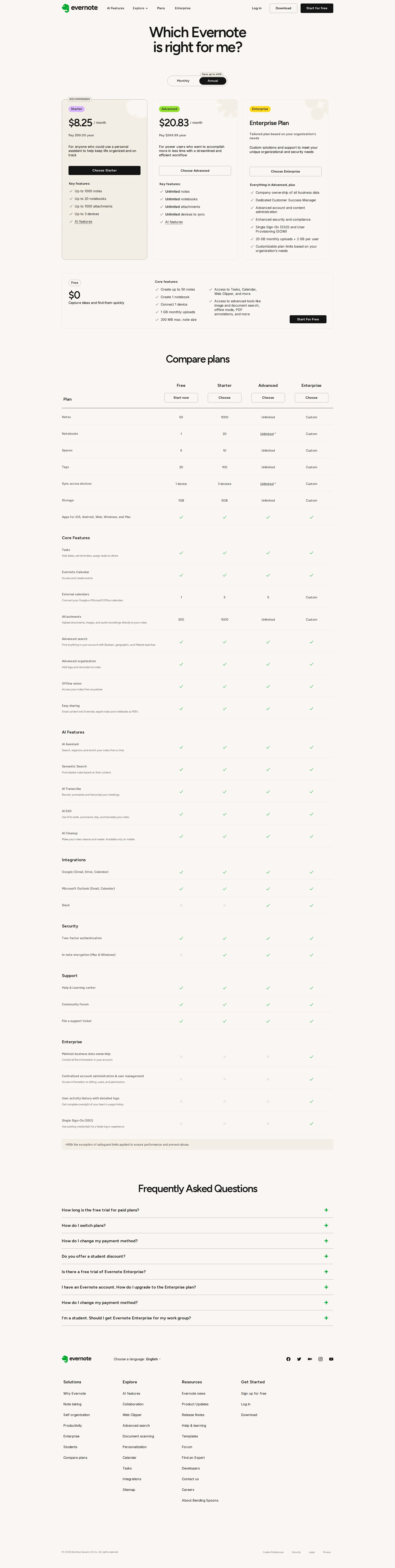 Evernote pricing page screenshot