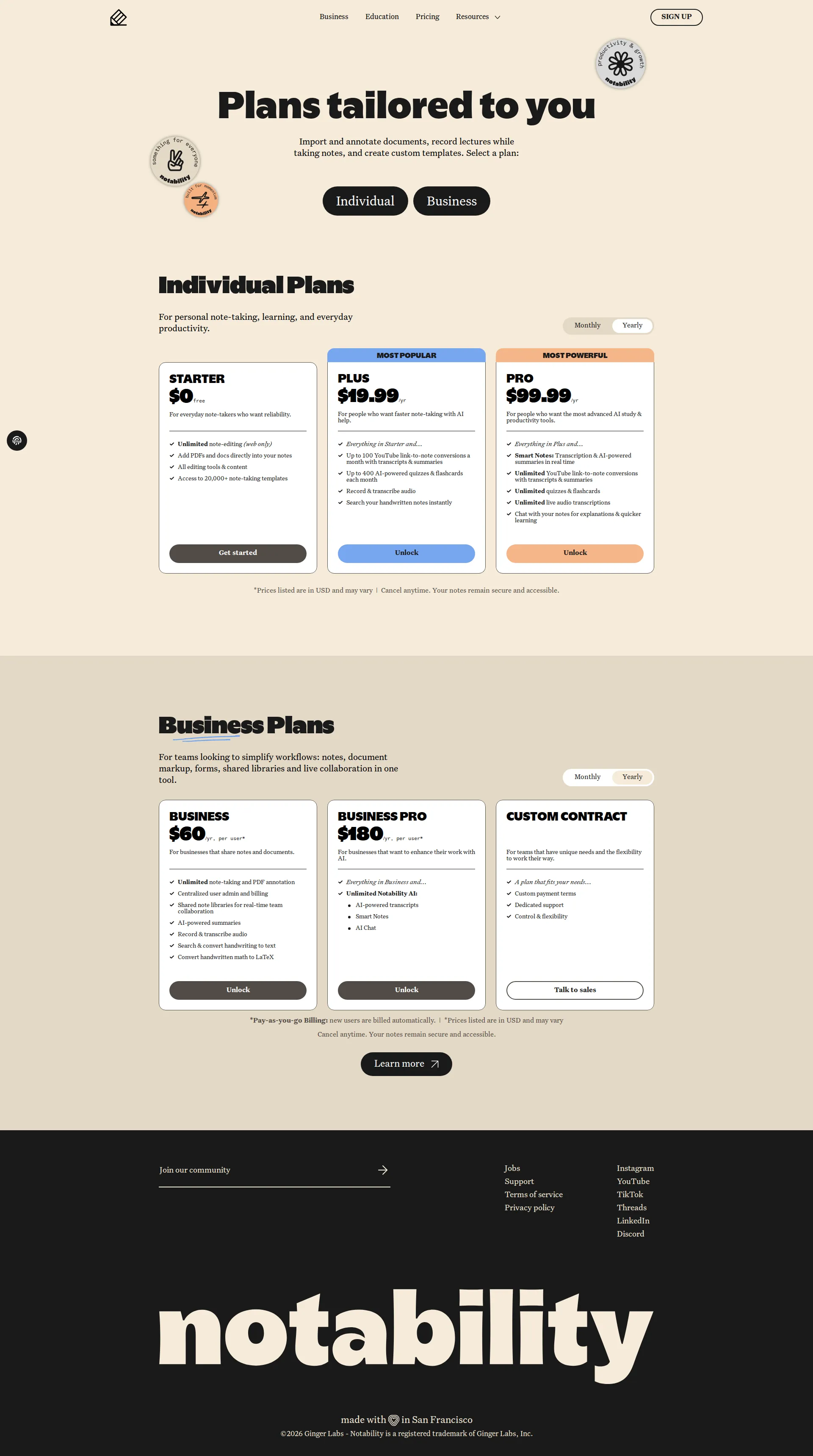 Notability pricing page screenshot