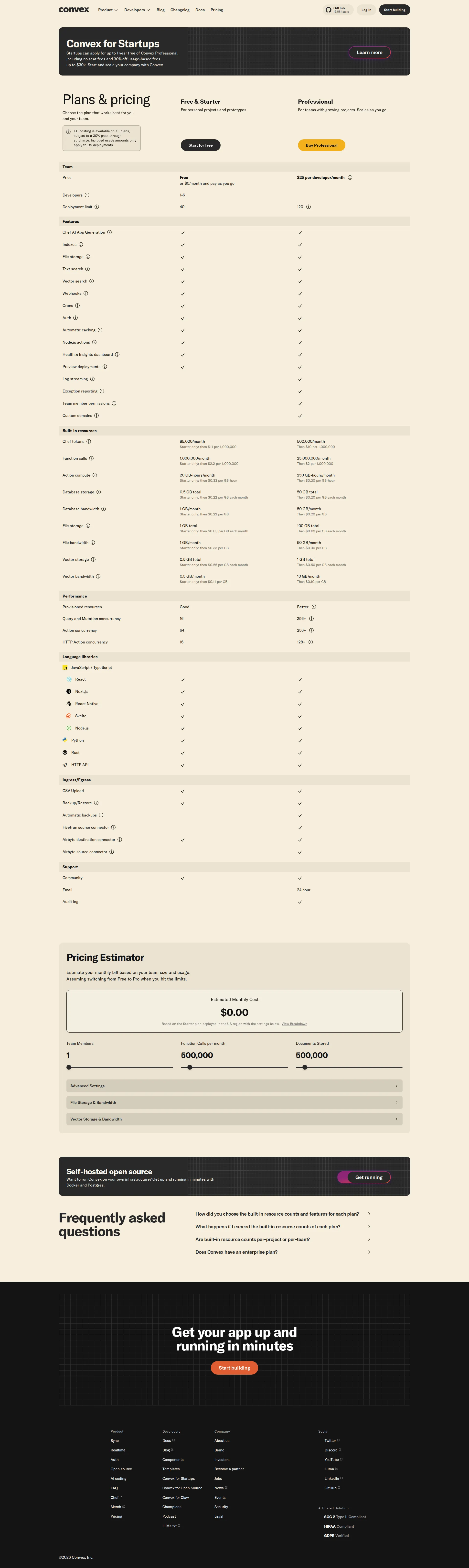 Convex pricing page screenshot