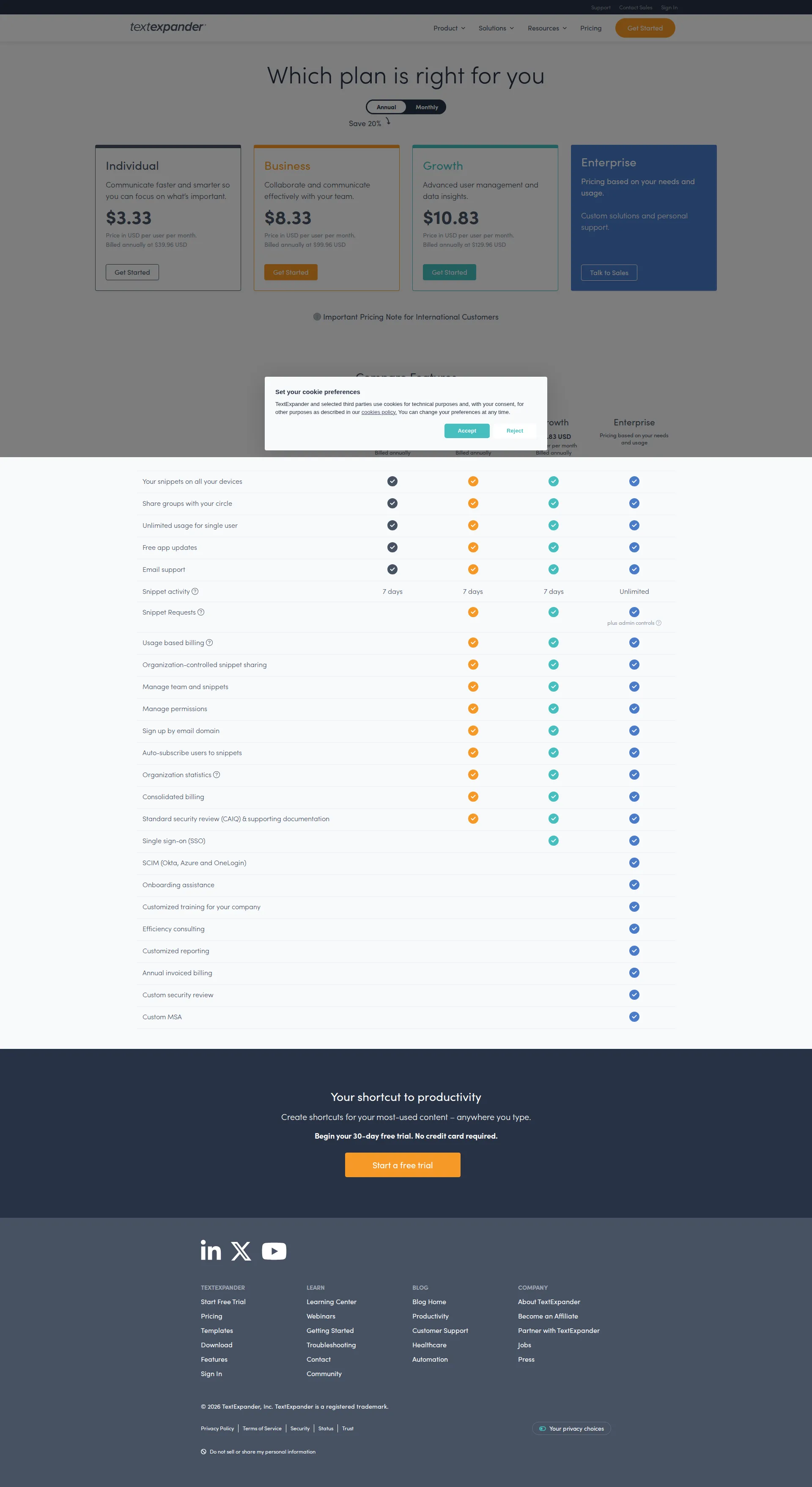 TextExpander pricing page screenshot