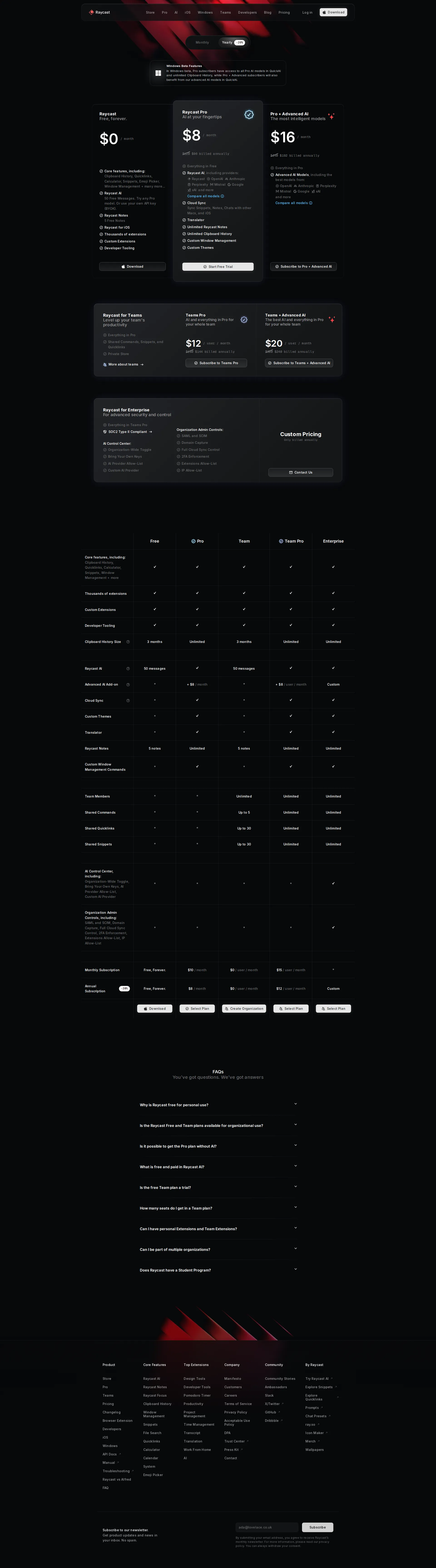 Raycast pricing page screenshot