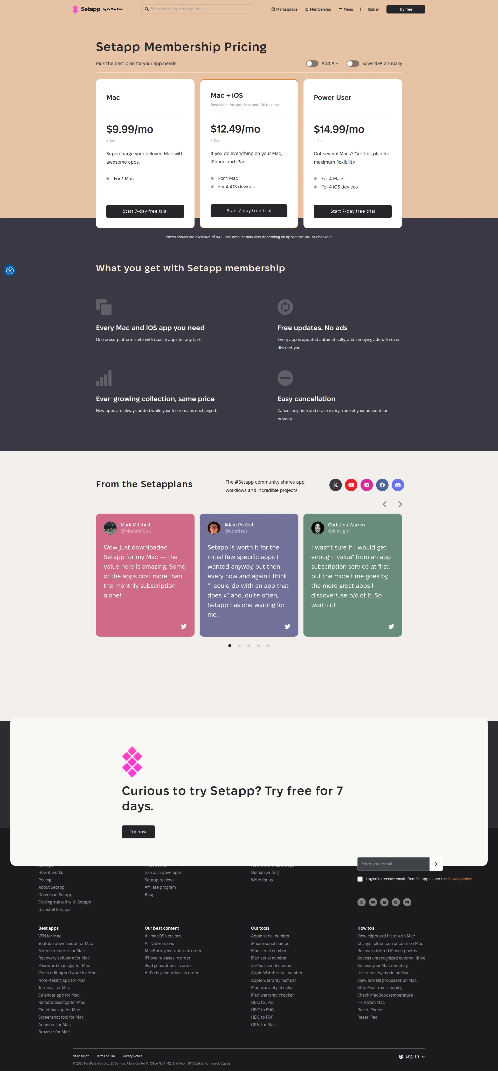 Setapp pricing page screenshot