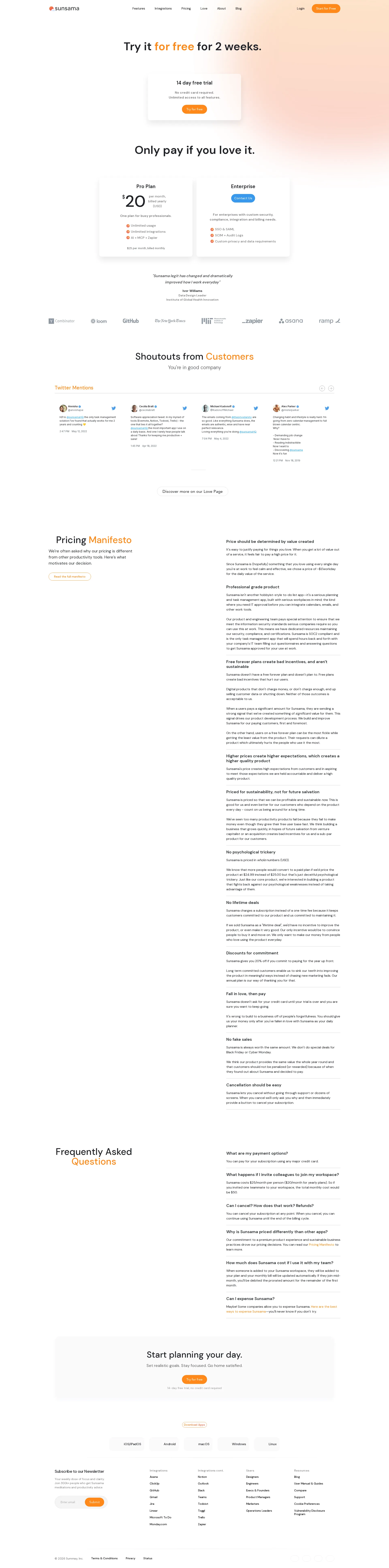 Sunsama pricing page screenshot