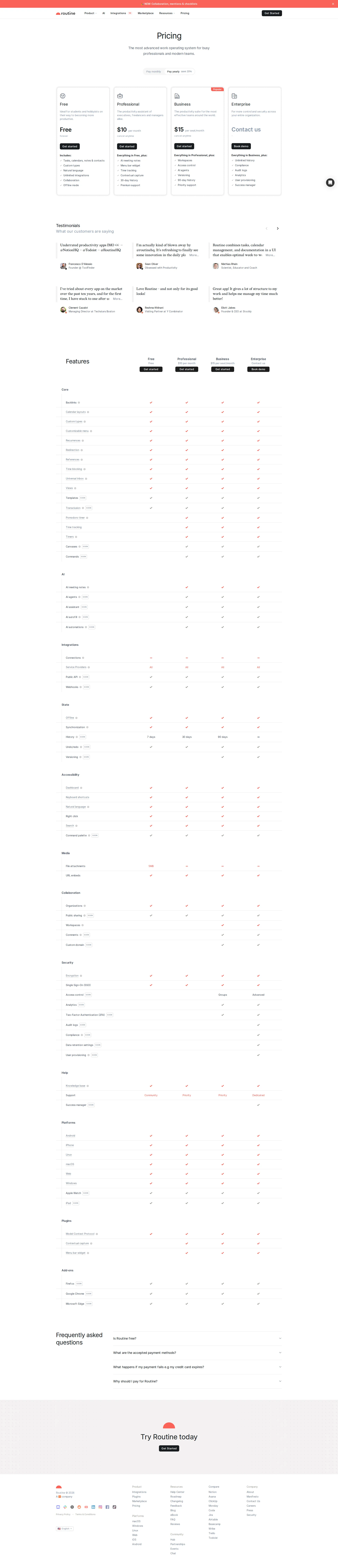 Routine pricing page screenshot