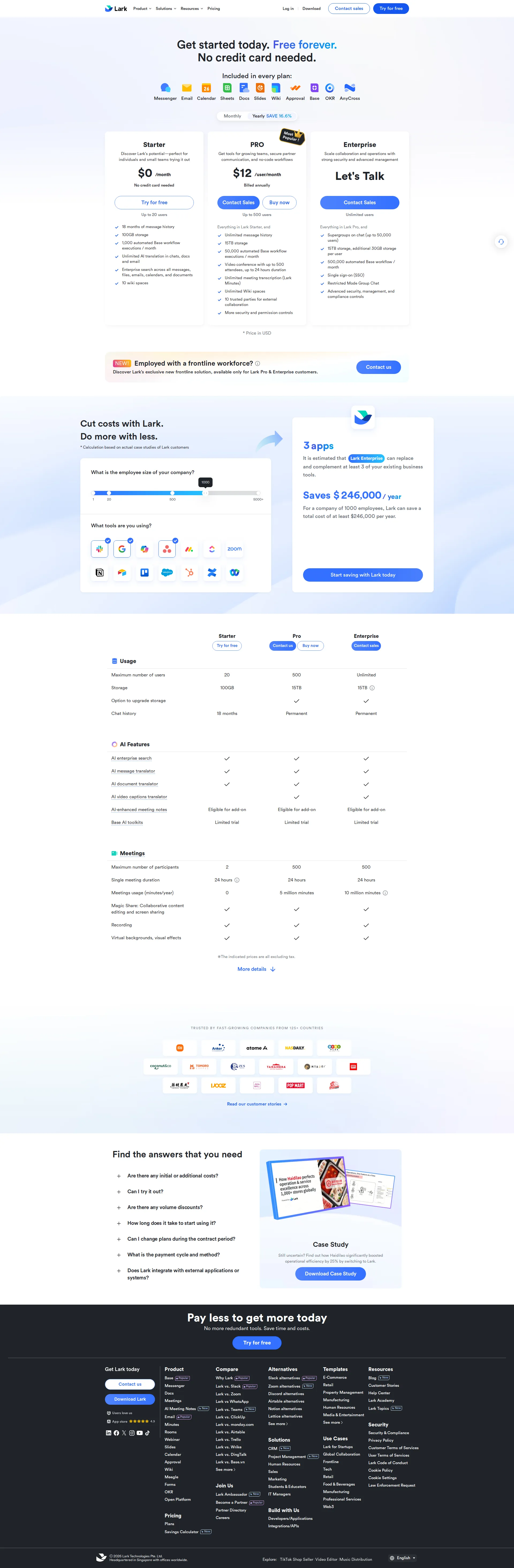 Lark pricing page screenshot