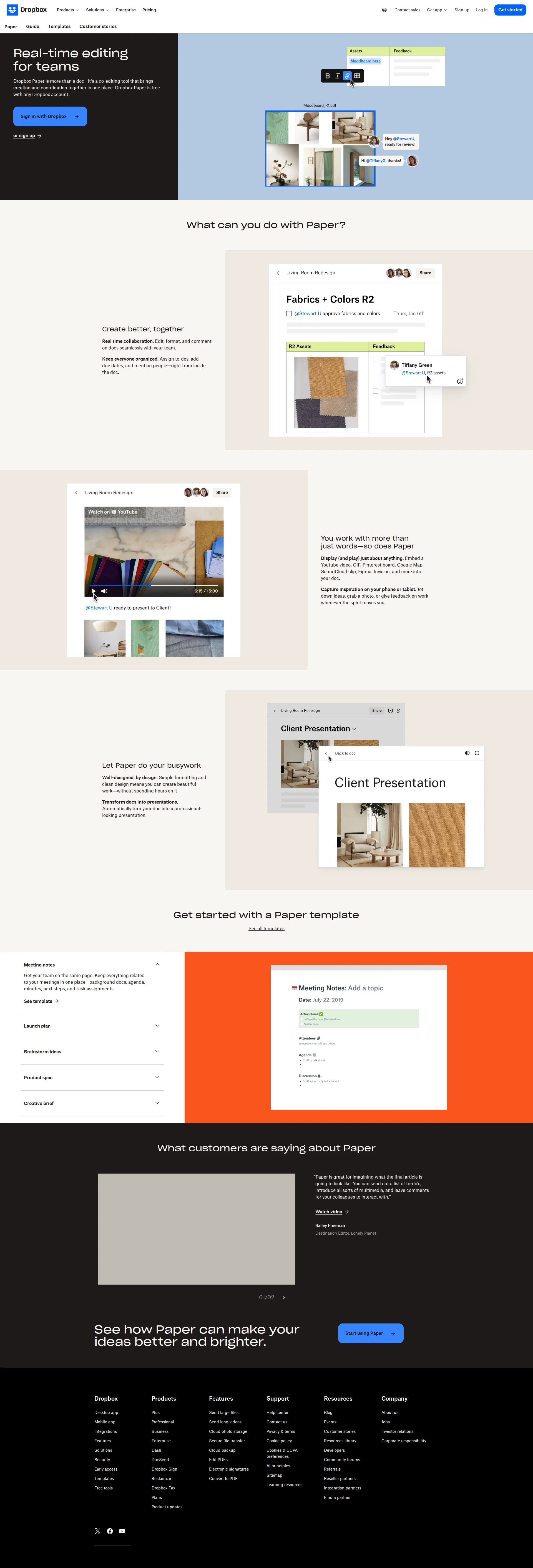Dropbox Paper pricing page screenshot
