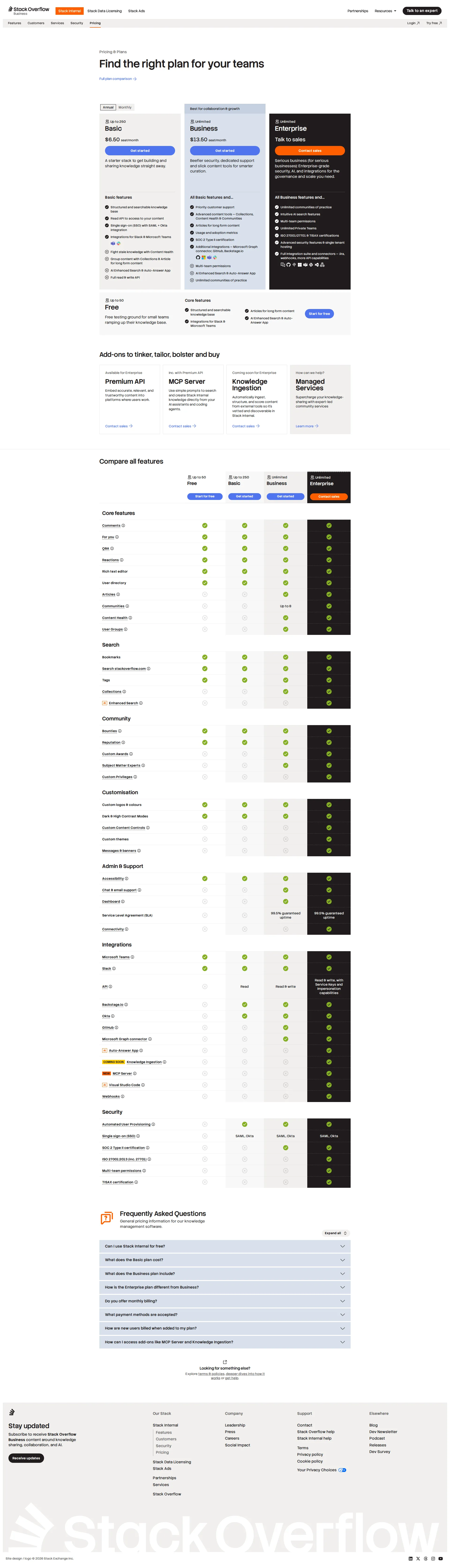 Stack Overflow for Teams pricing page screenshot