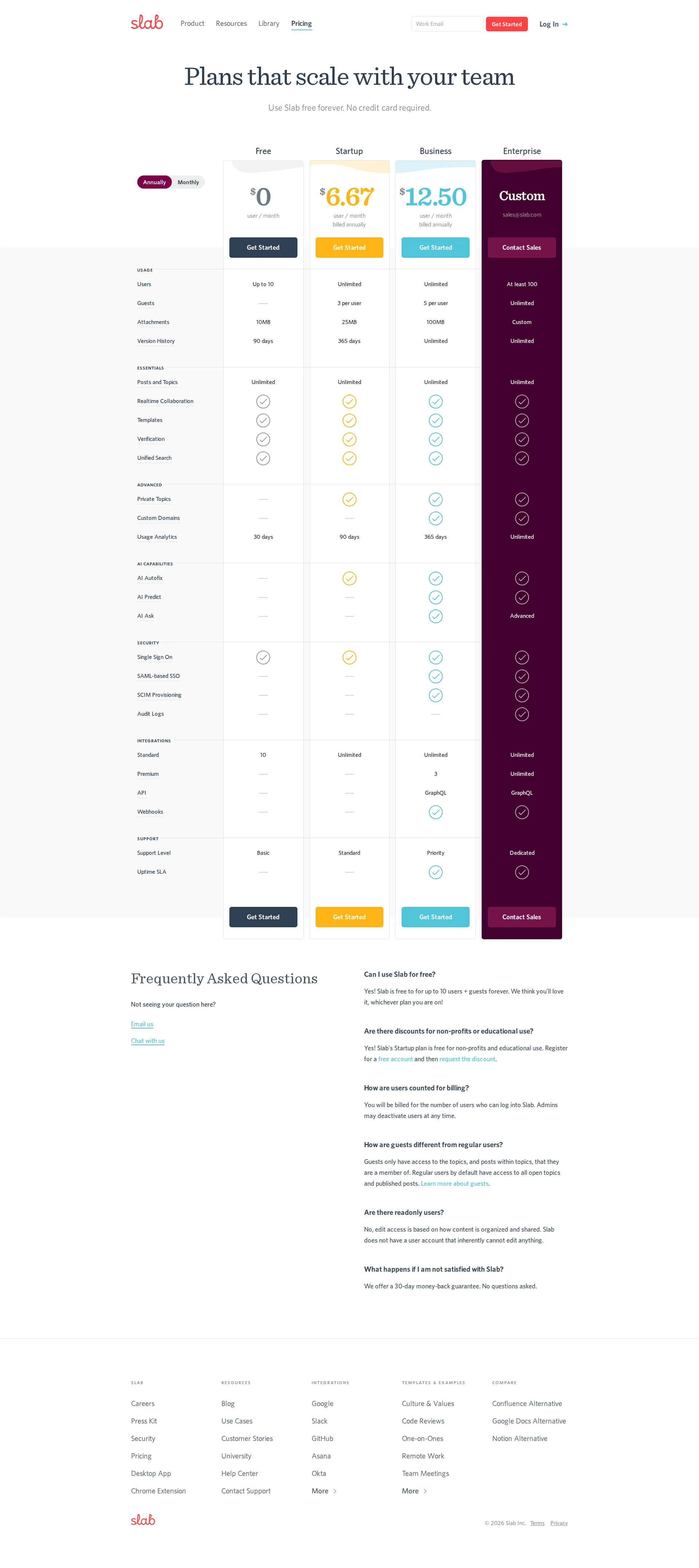 Slab pricing page screenshot