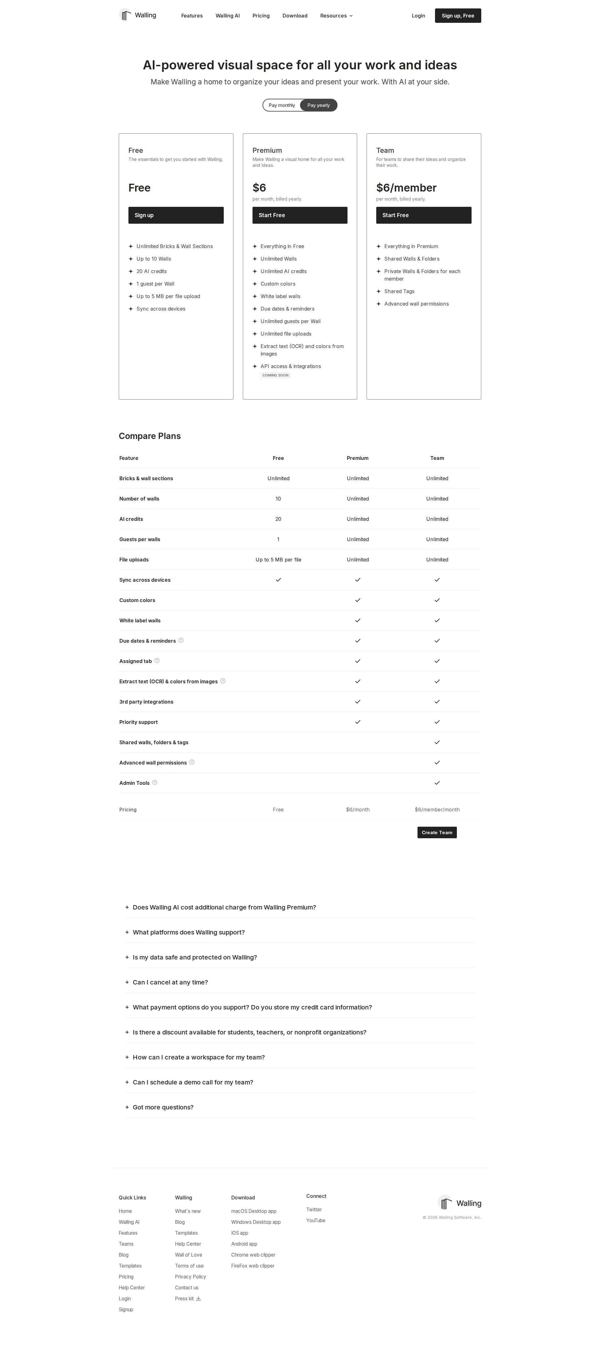 Walling pricing page screenshot