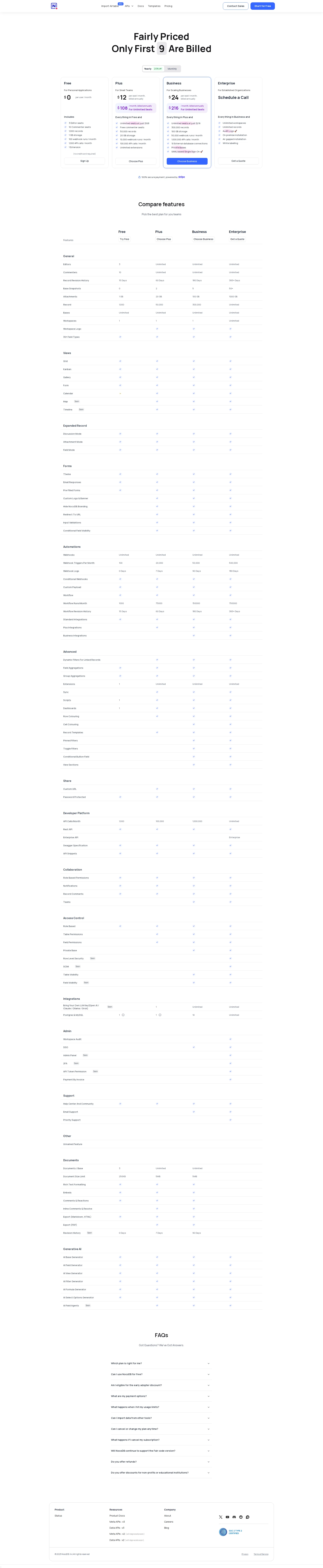 NocoDB pricing page screenshot