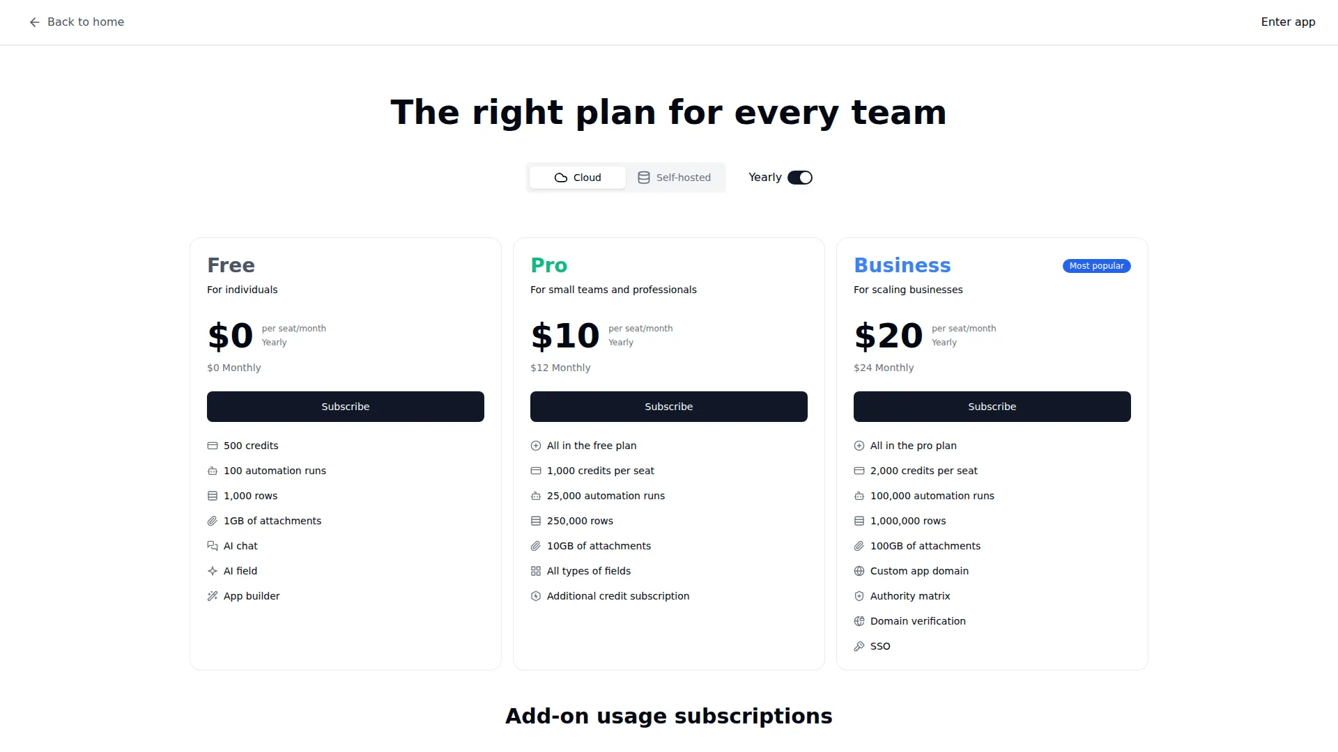 Teable pricing page screenshot
