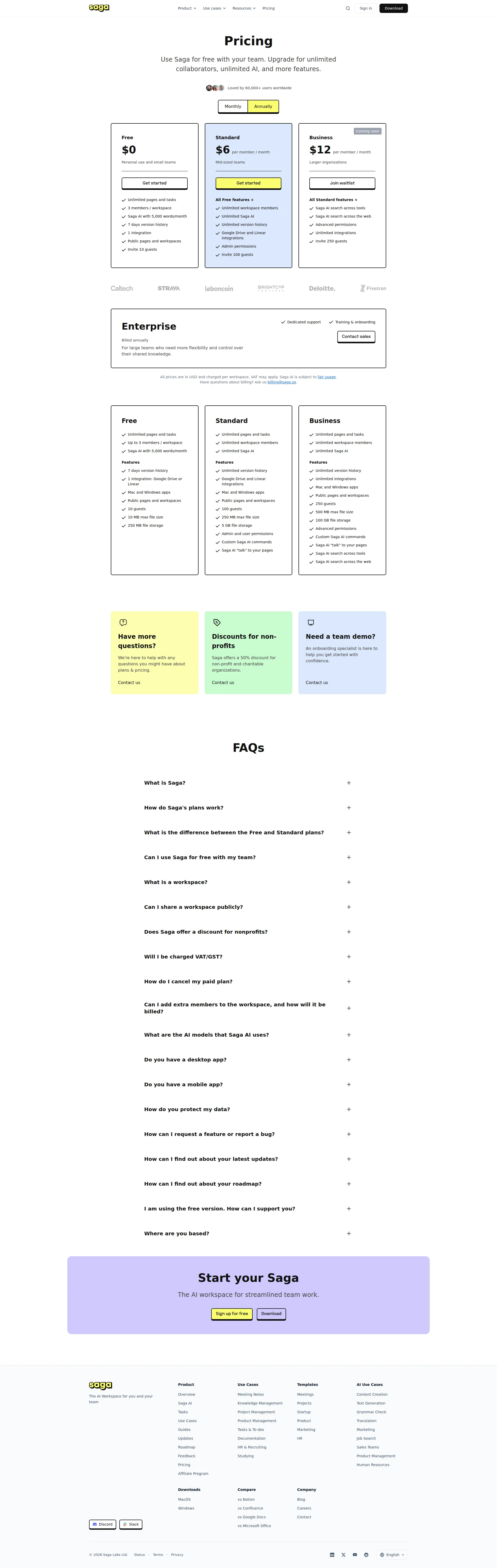 Saga pricing page screenshot