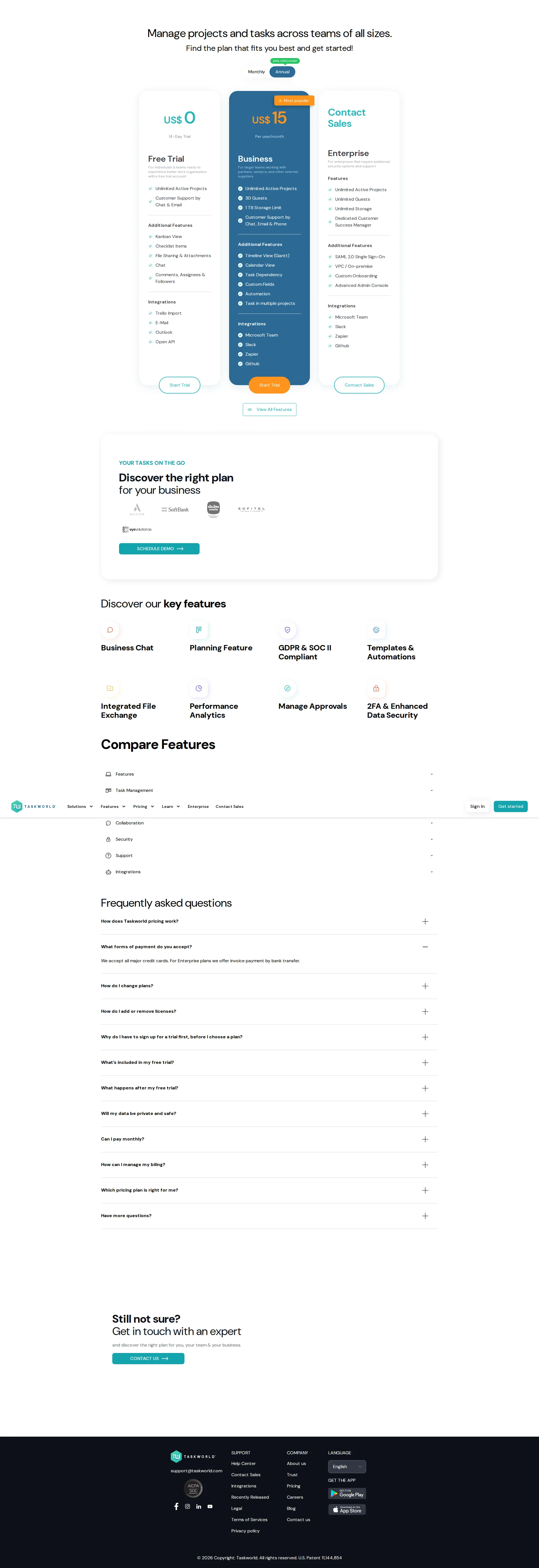 Taskworld pricing page screenshot