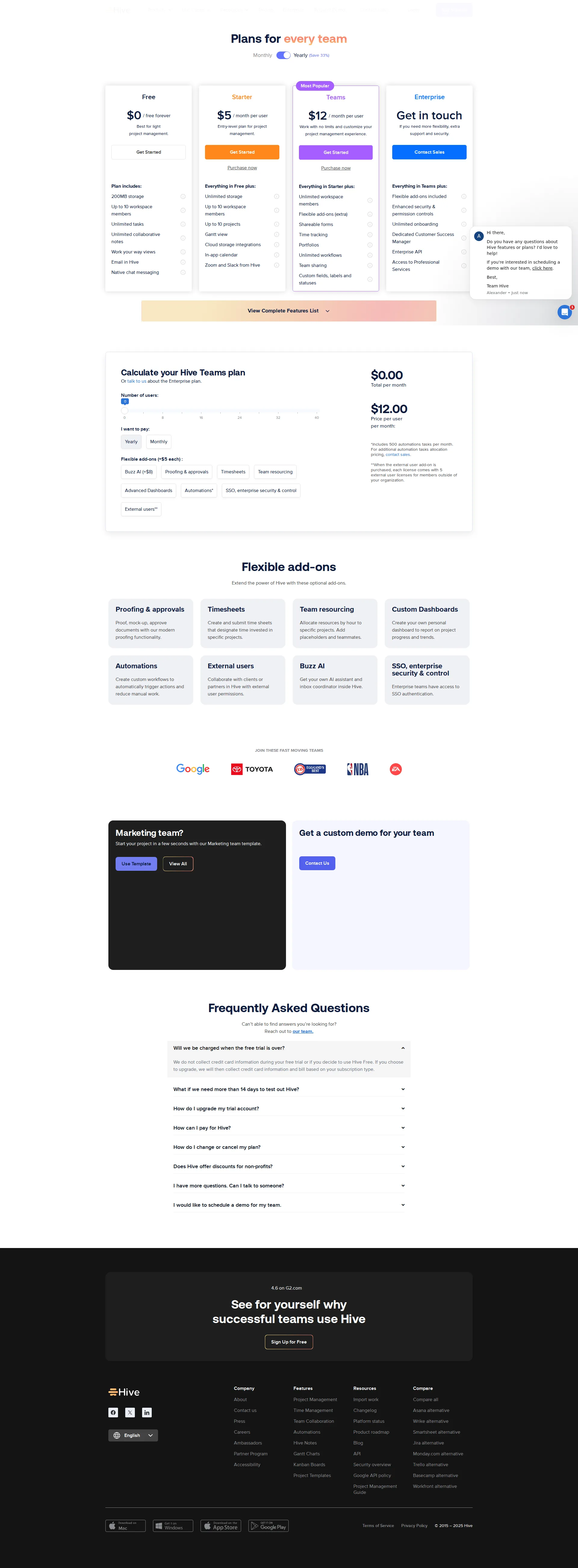 Hive pricing page screenshot