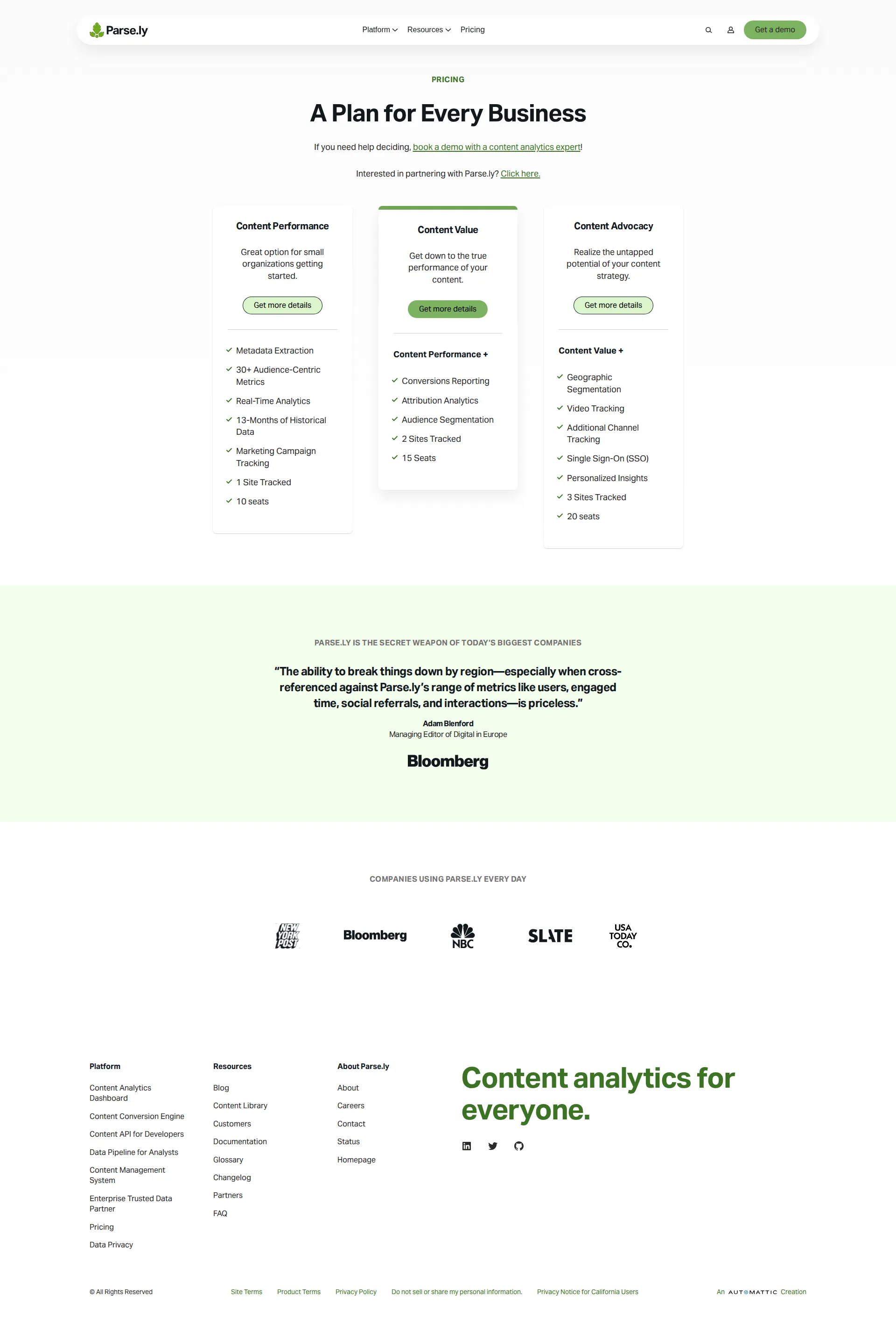 Parse.ly pricing page screenshot