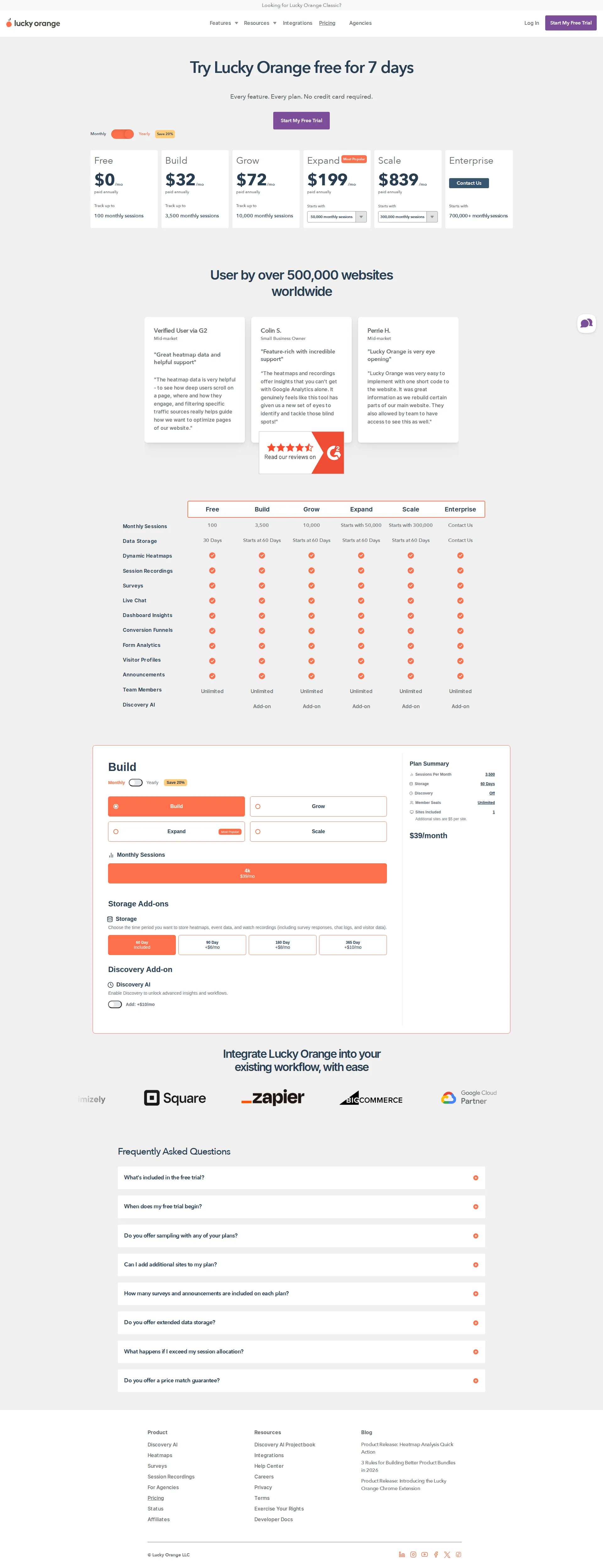 Lucky Orange pricing page screenshot