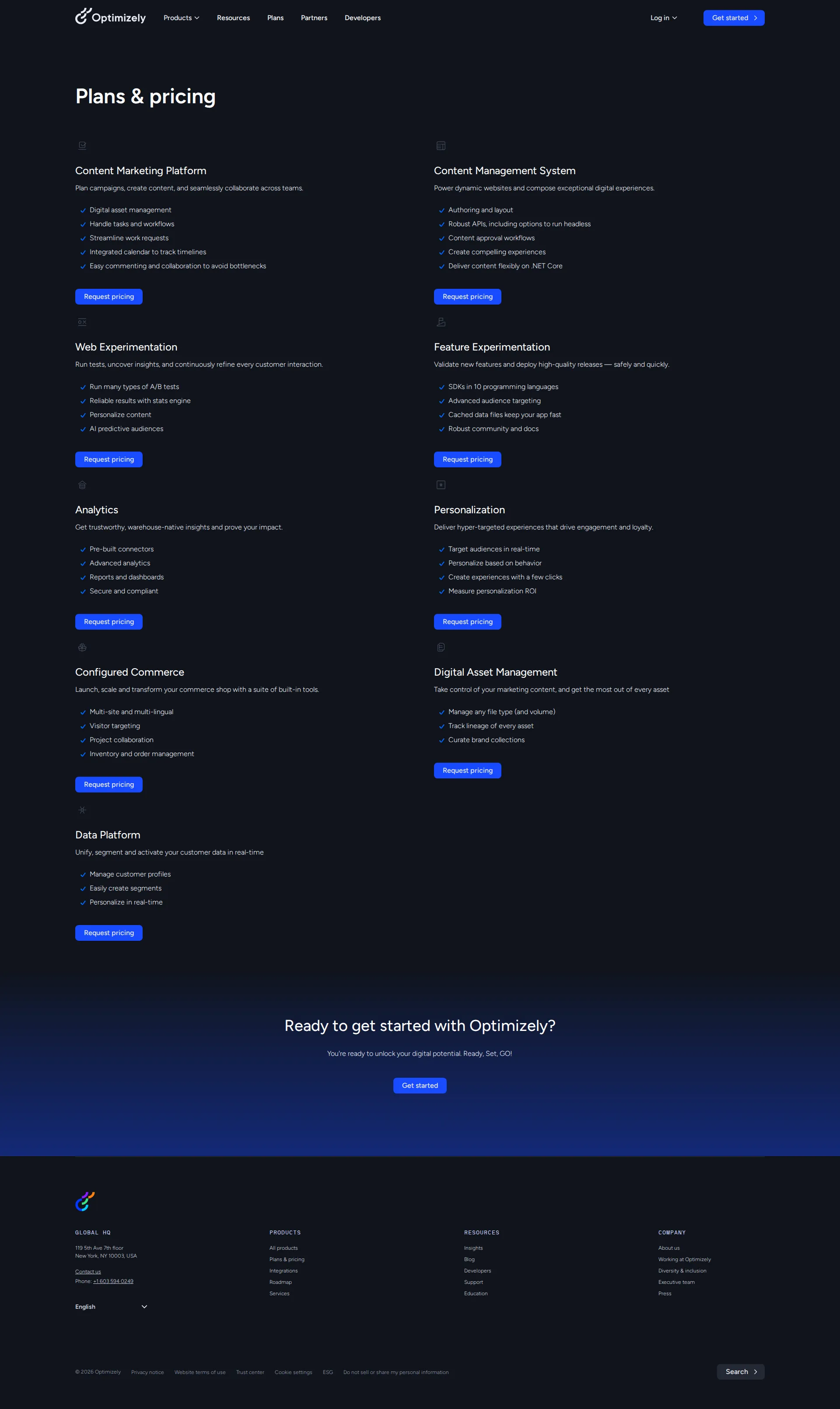 Optimizely pricing page screenshot