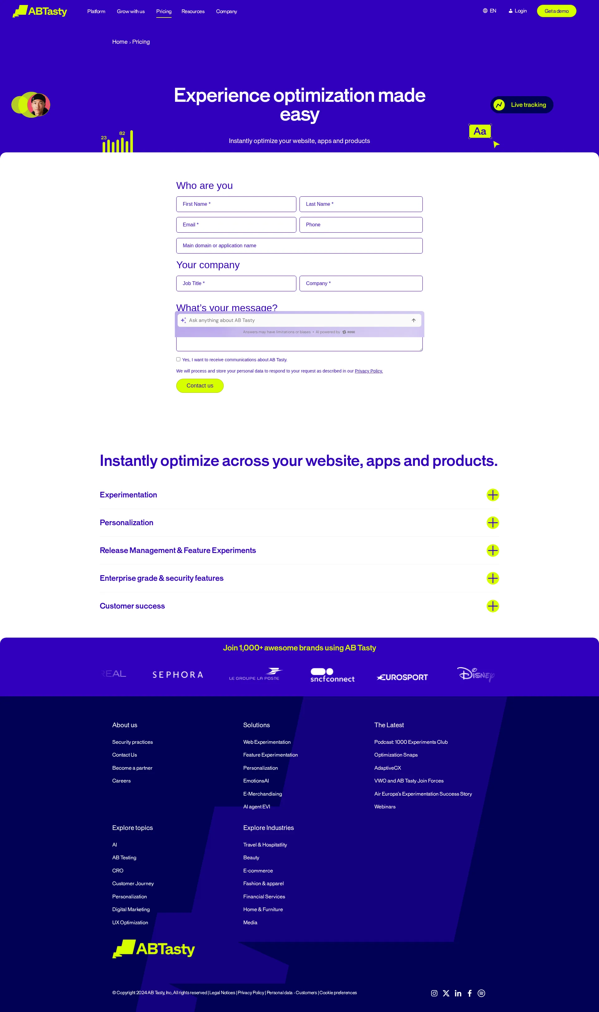 AB Tasty pricing page screenshot