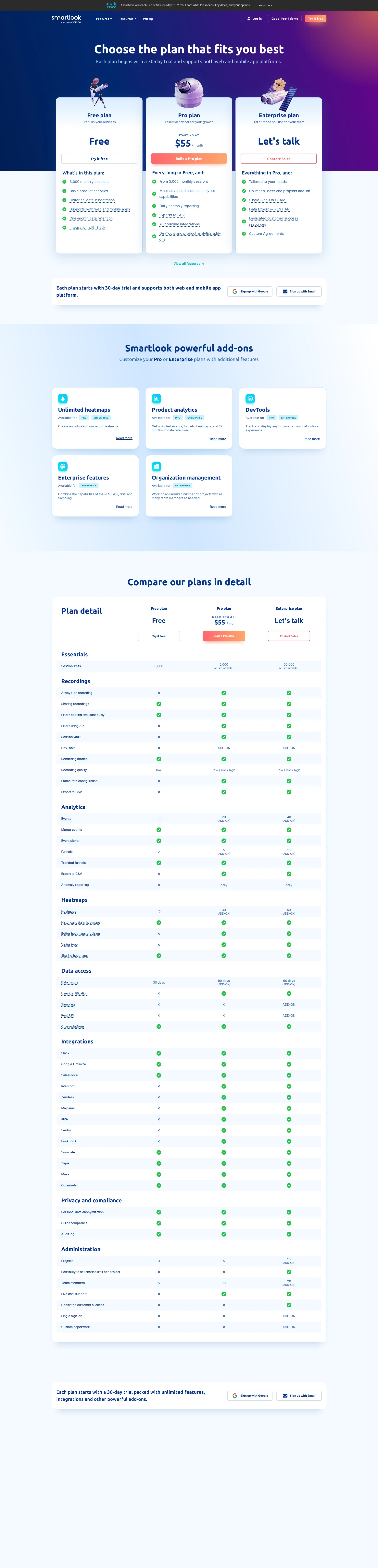 Smartlook pricing page screenshot