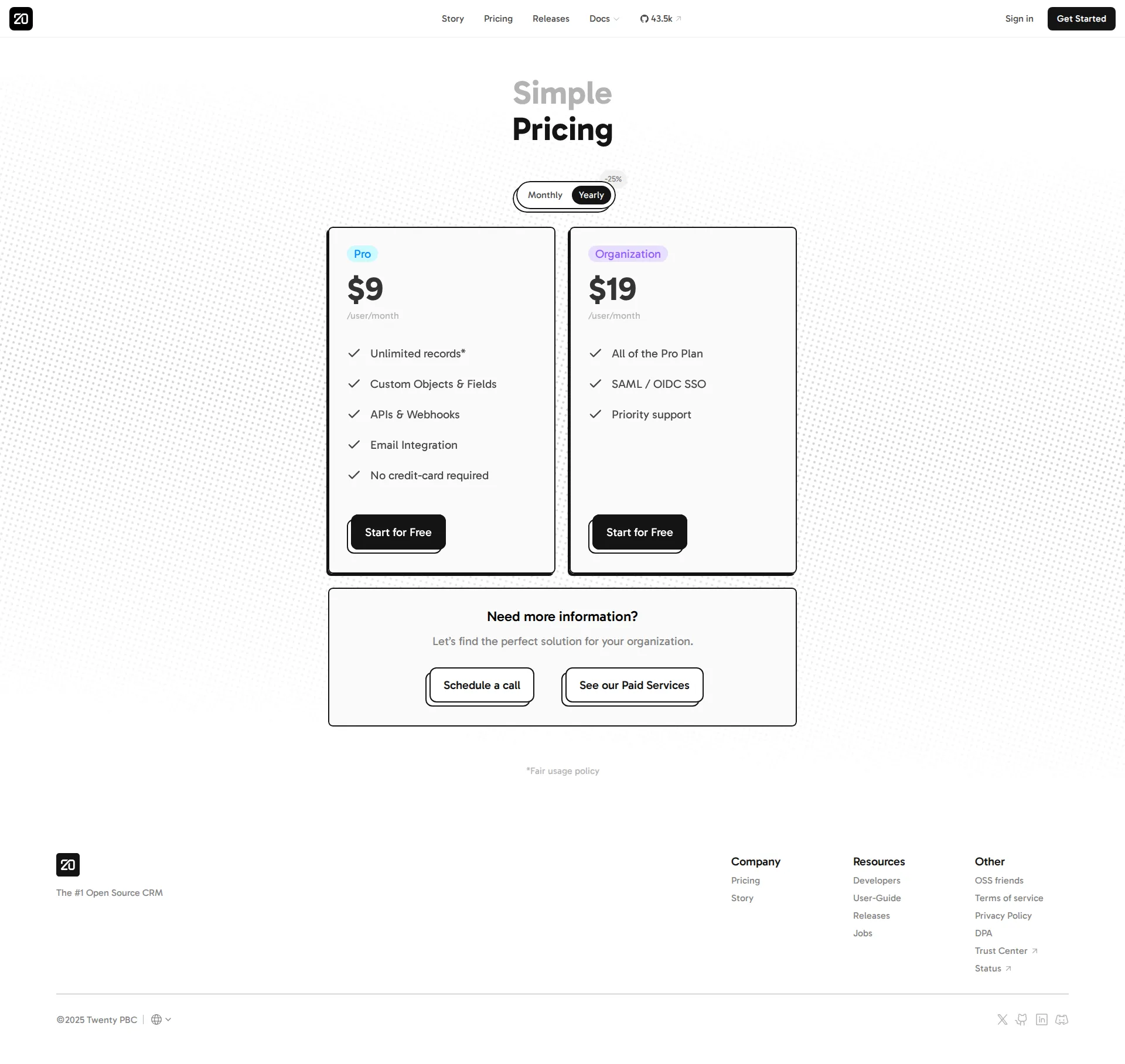 Twenty pricing page screenshot