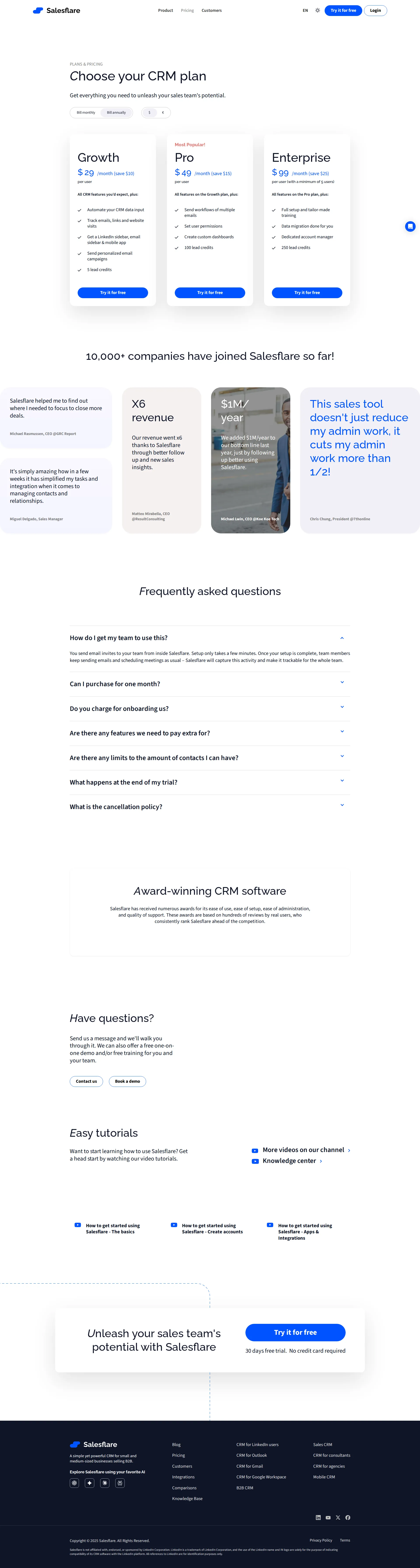 Salesflare pricing page screenshot