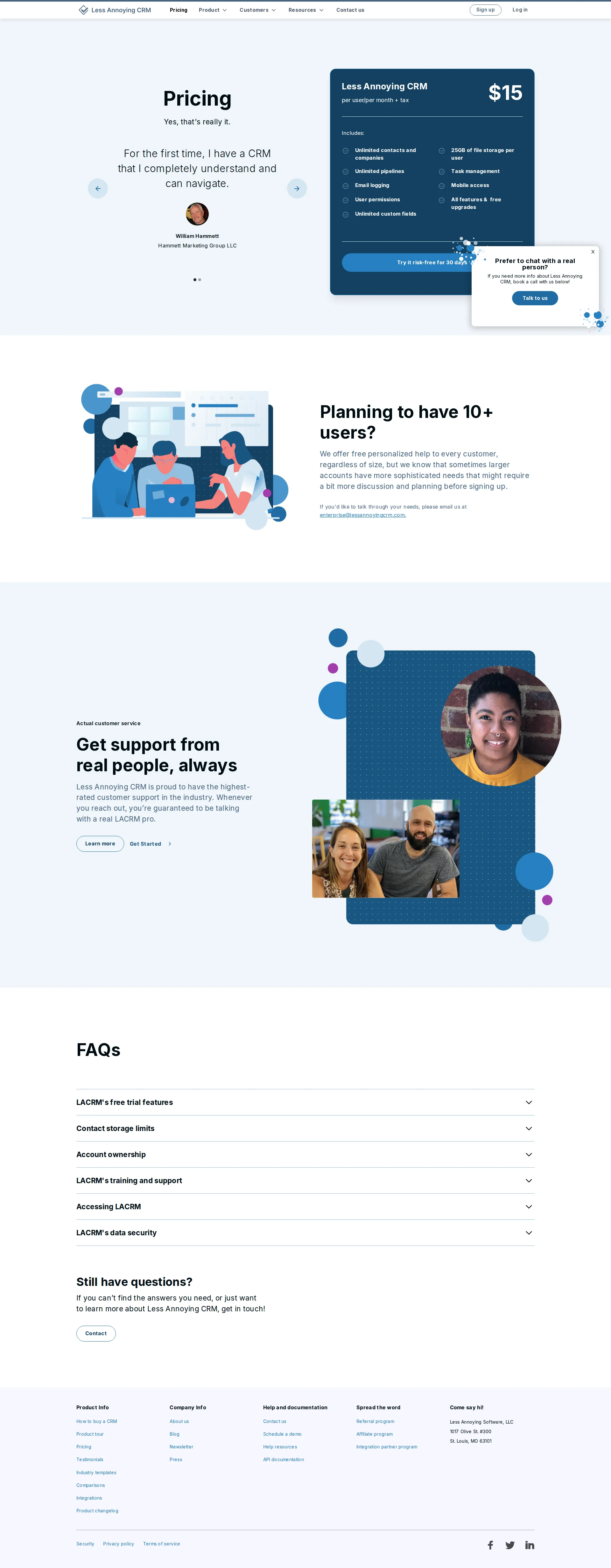 Less Annoying CRM pricing page screenshot