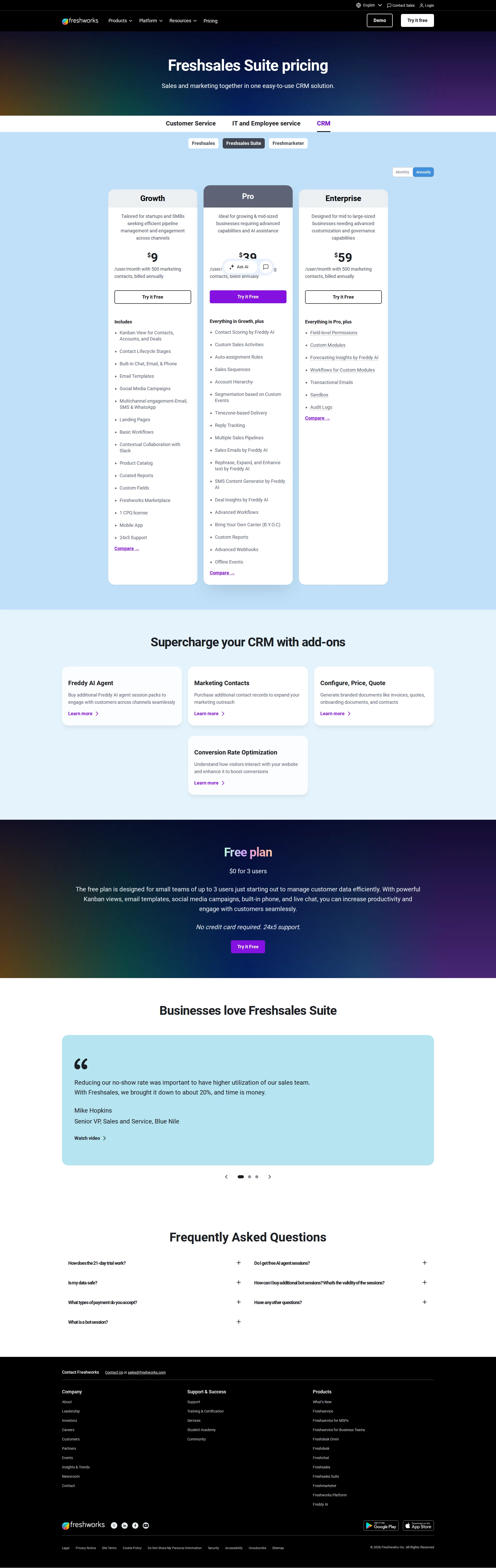 Freshworks CRM pricing page screenshot