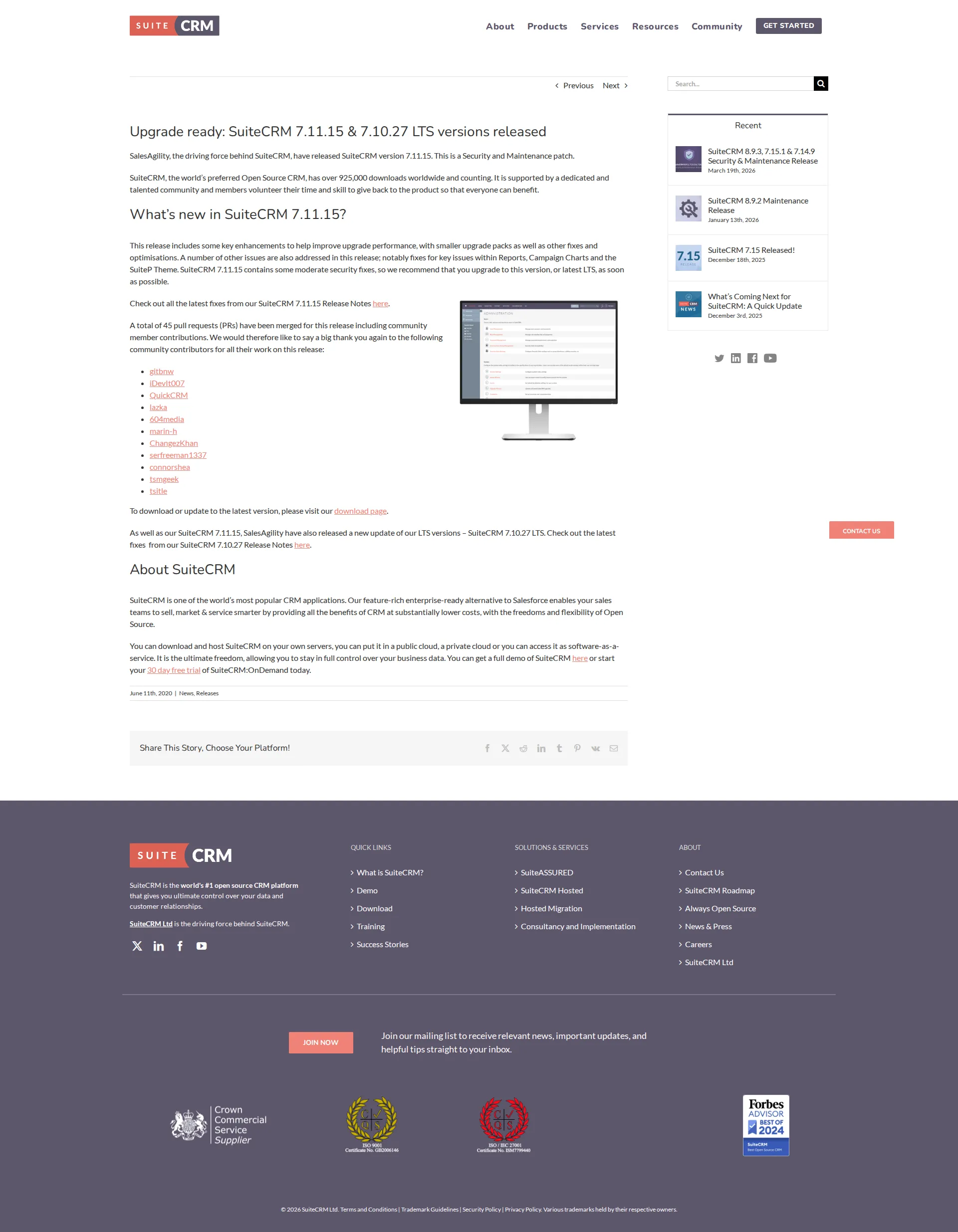 SuiteCRM pricing page screenshot