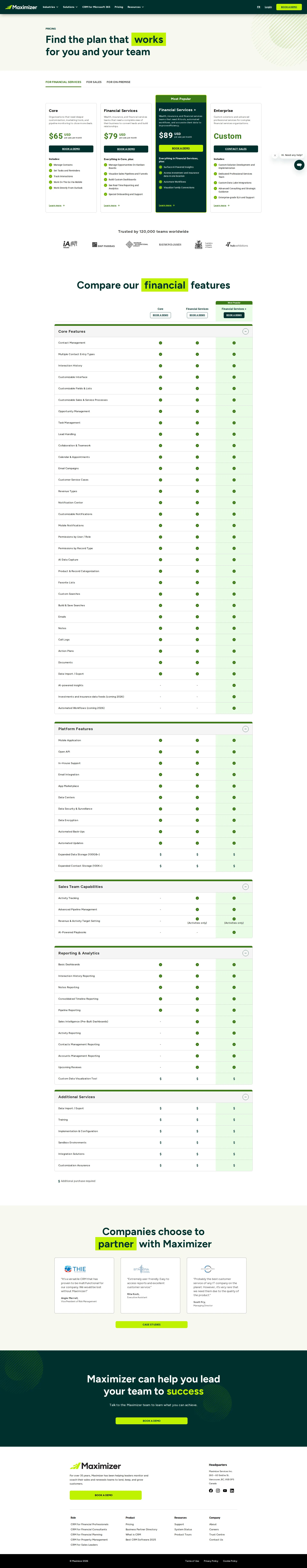 Maximizer pricing page screenshot