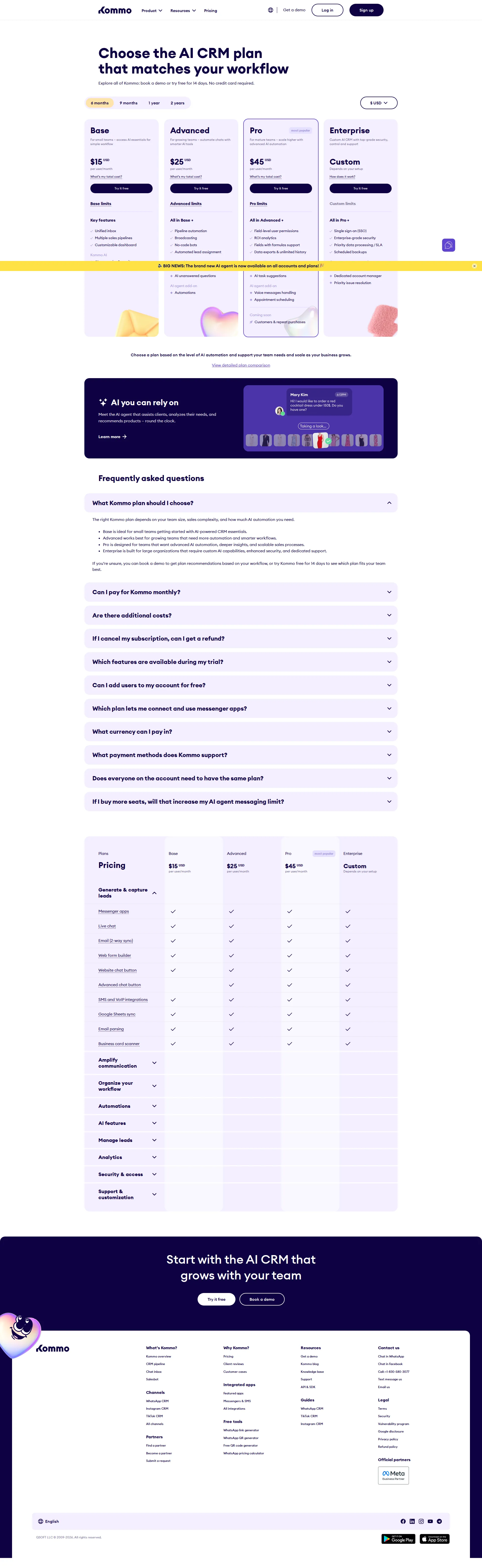 Kommo pricing page screenshot