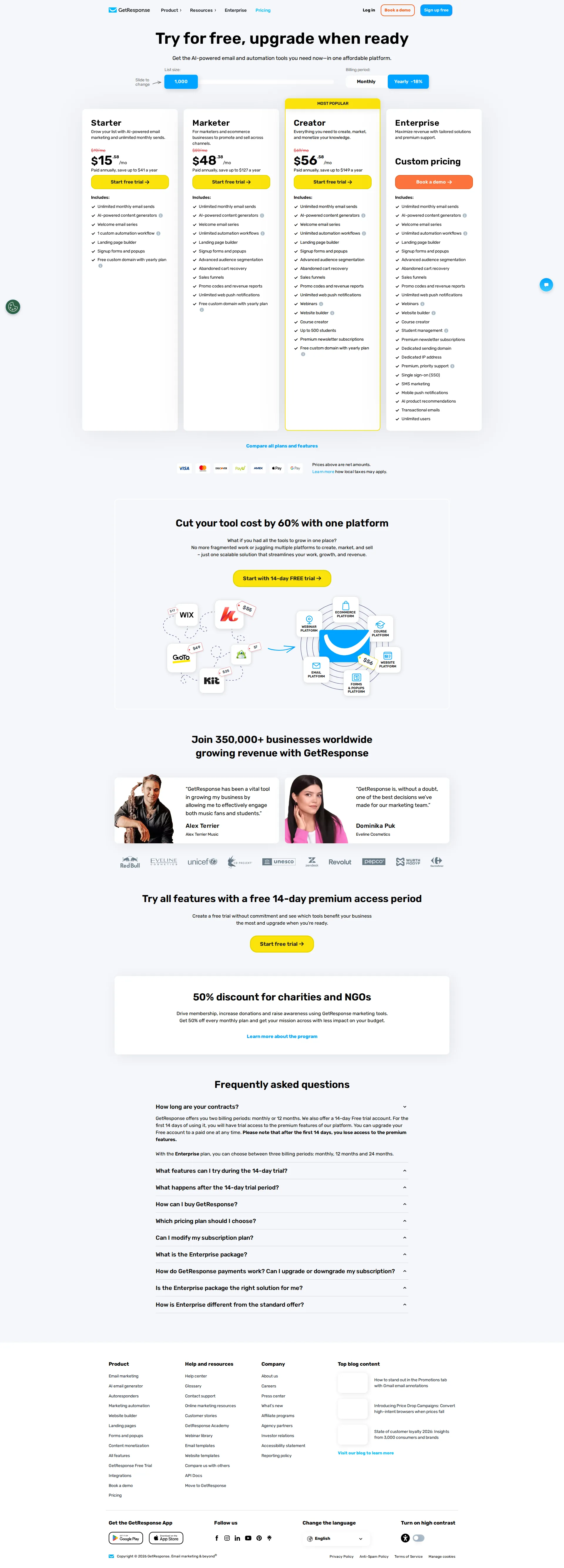 GetResponse pricing page screenshot