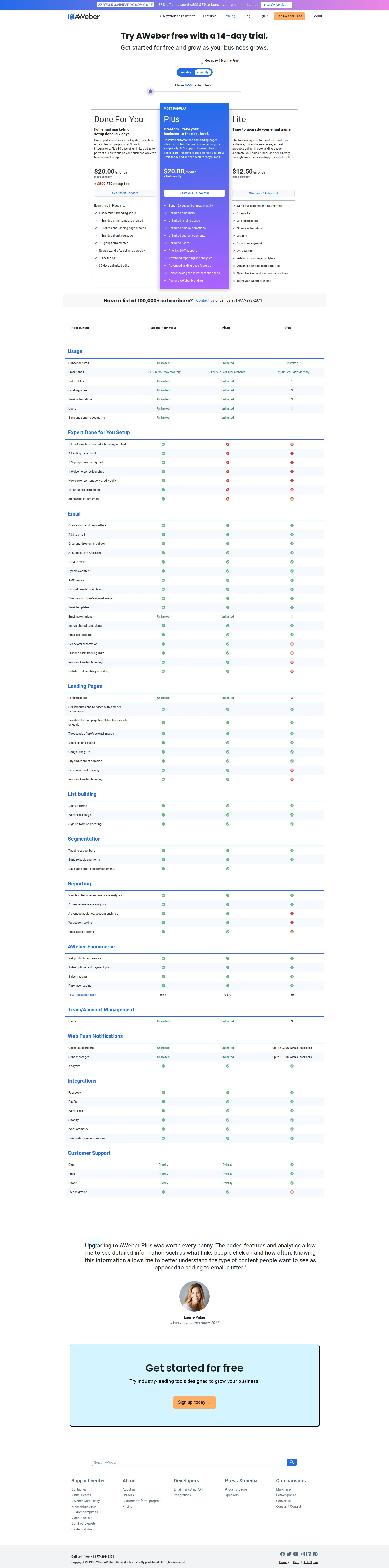 AWeber pricing page screenshot