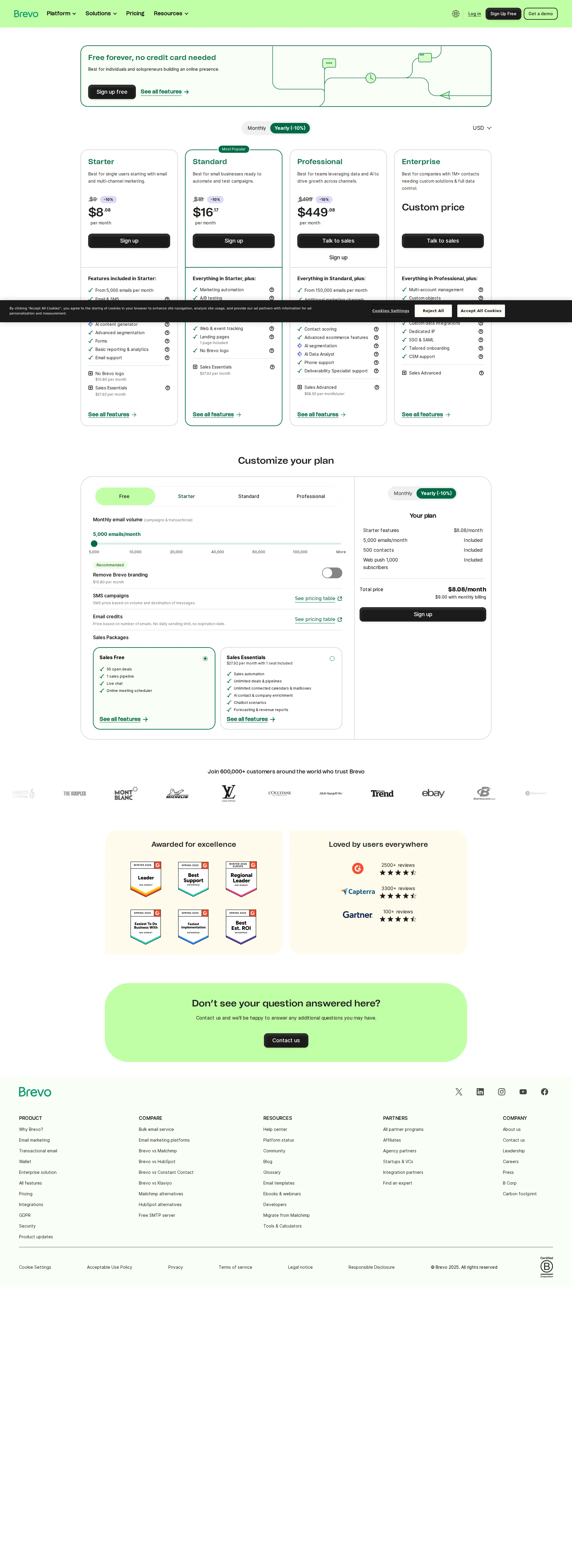 Sendinblue pricing page screenshot
