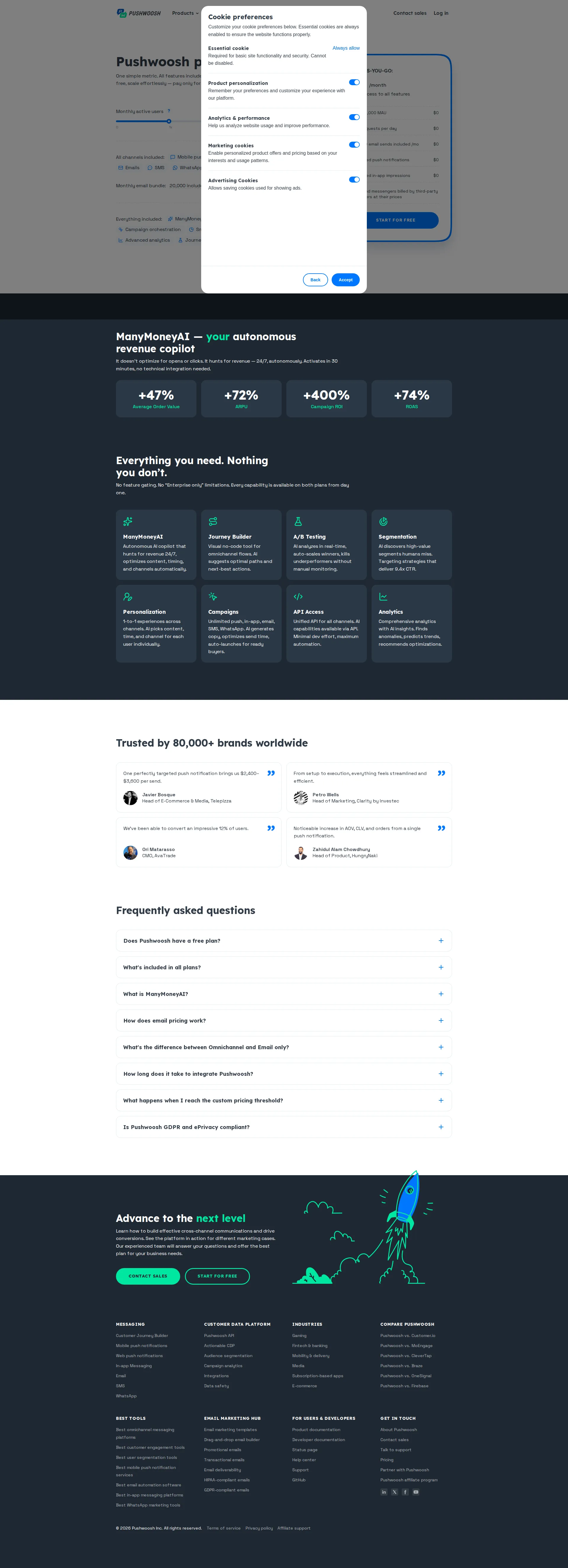 Pushwoosh pricing page screenshot