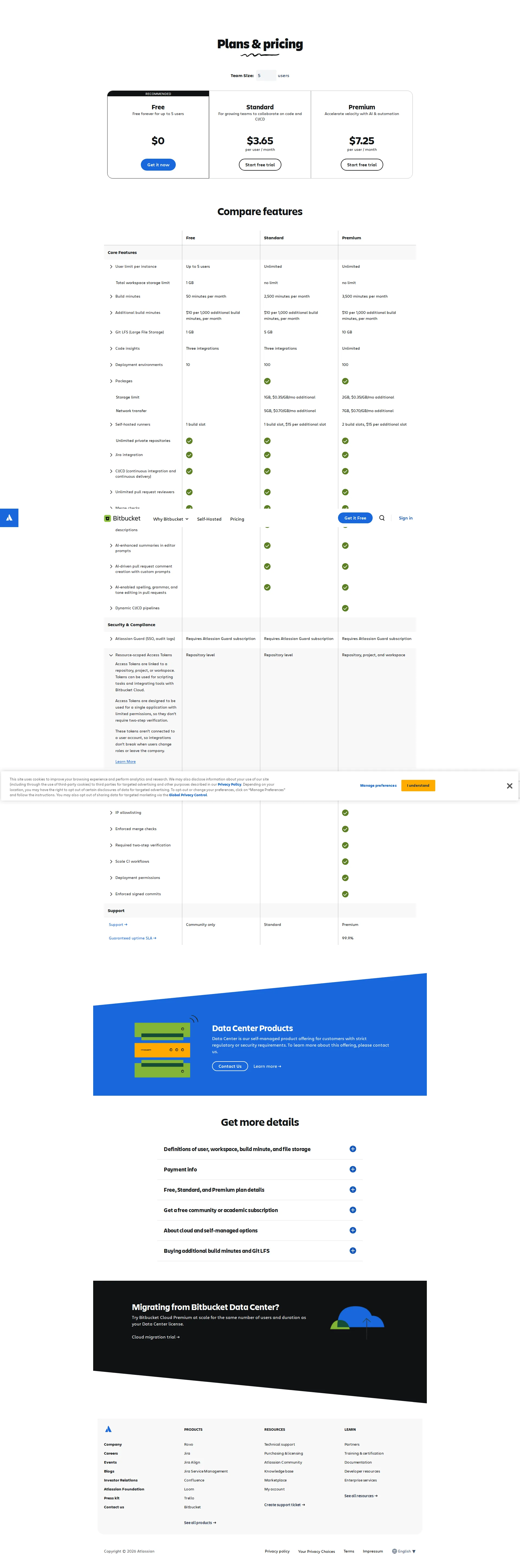 Bitbucket pricing page screenshot