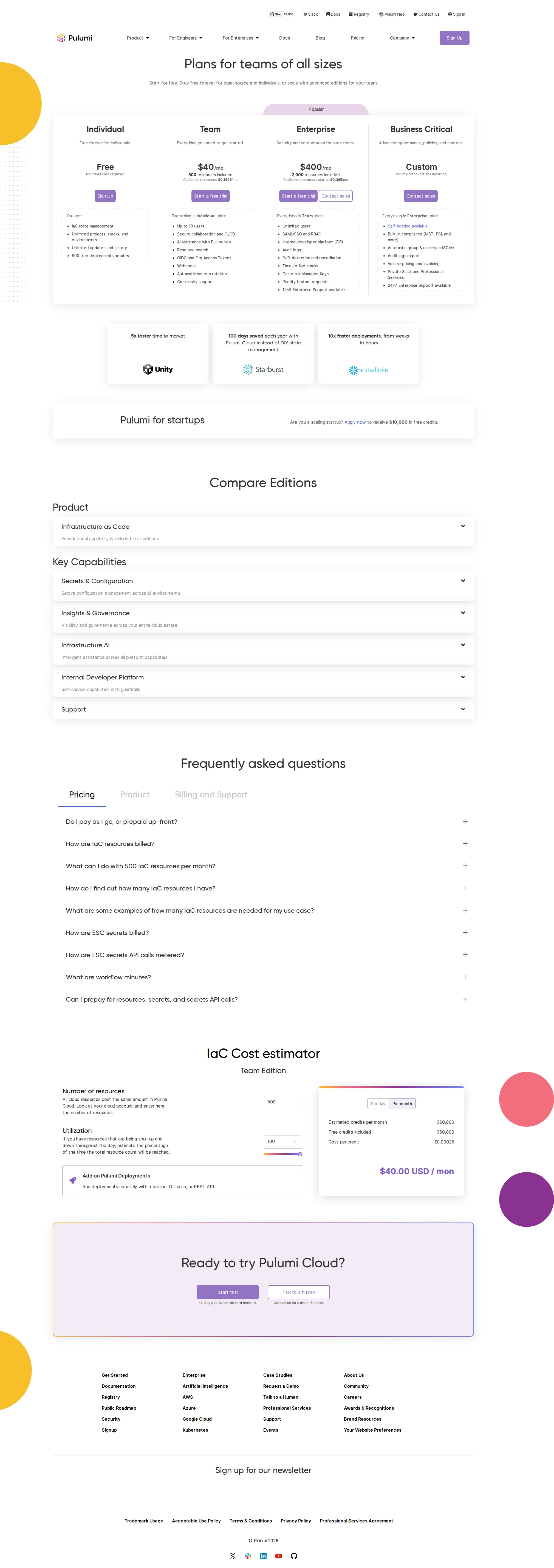 Pulumi pricing page screenshot