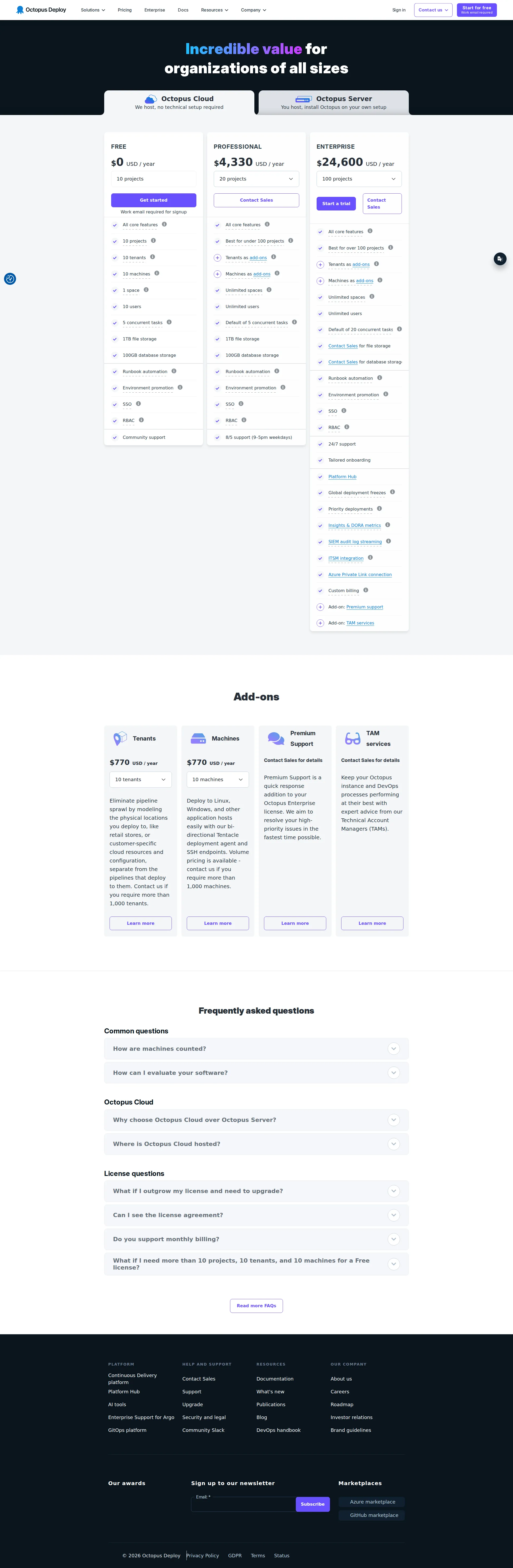Octopus Deploy pricing page screenshot