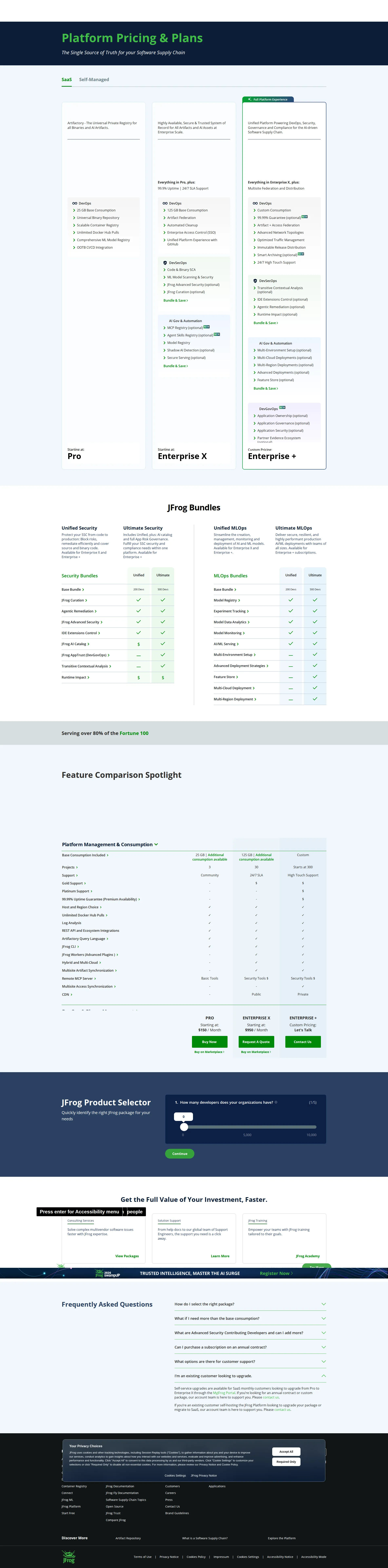 JFrog pricing page screenshot
