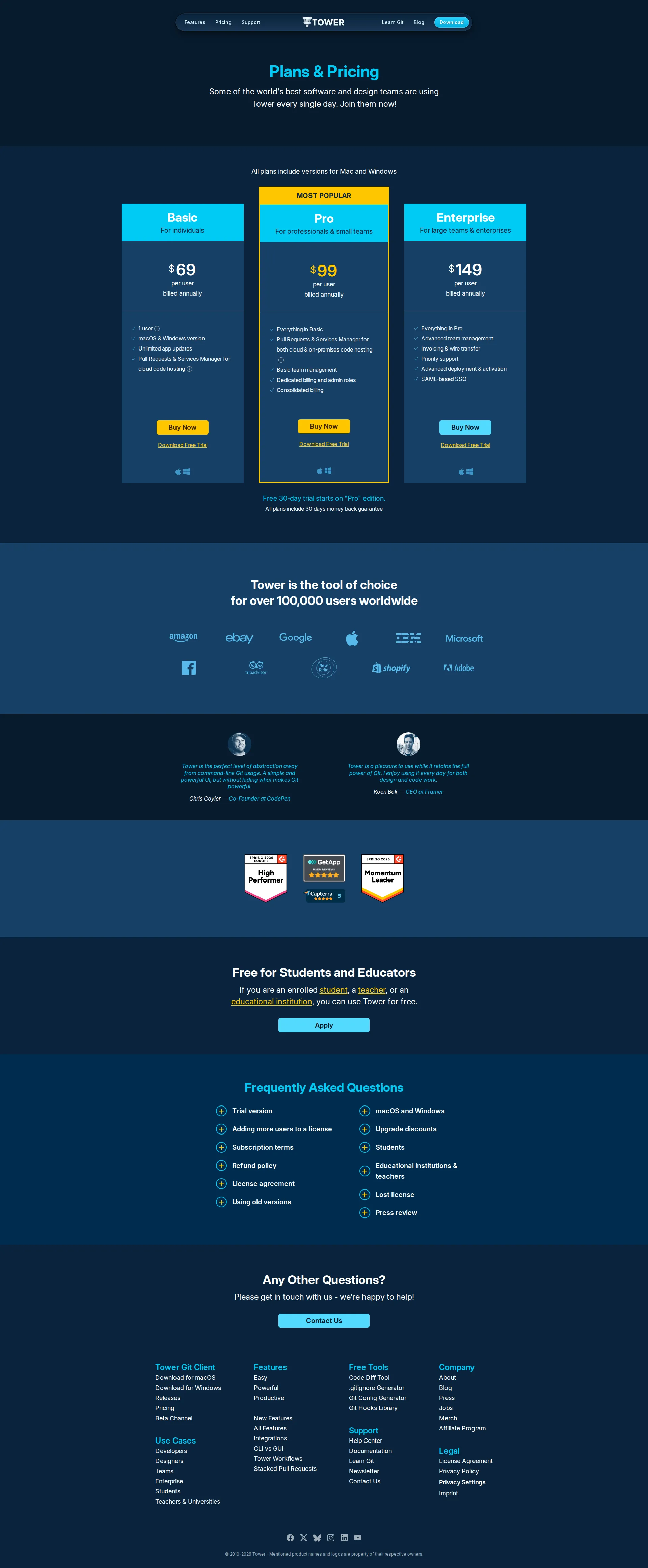 Tower pricing page screenshot