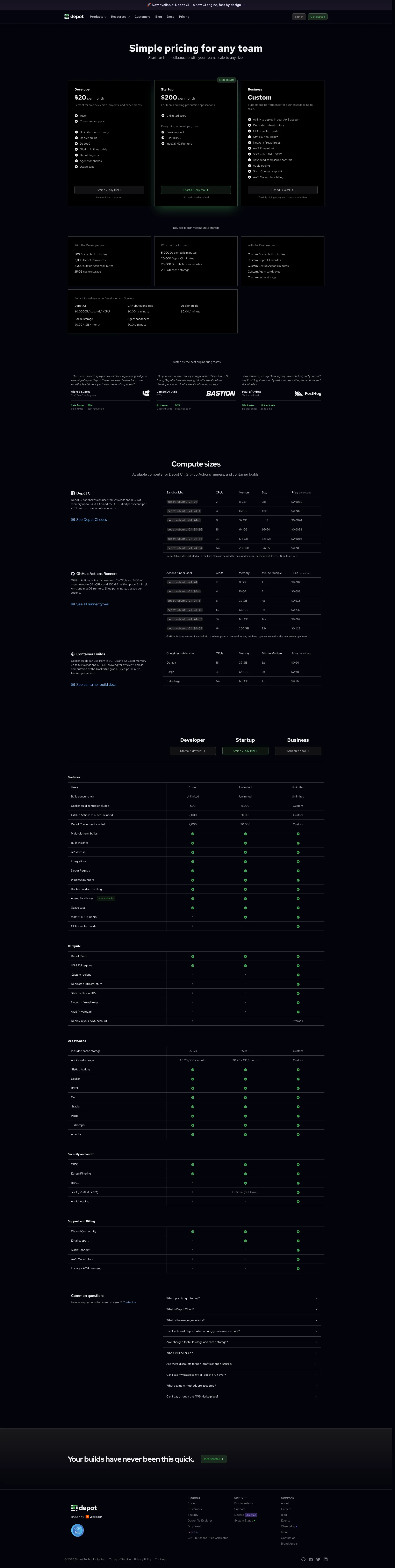 Depot pricing page screenshot