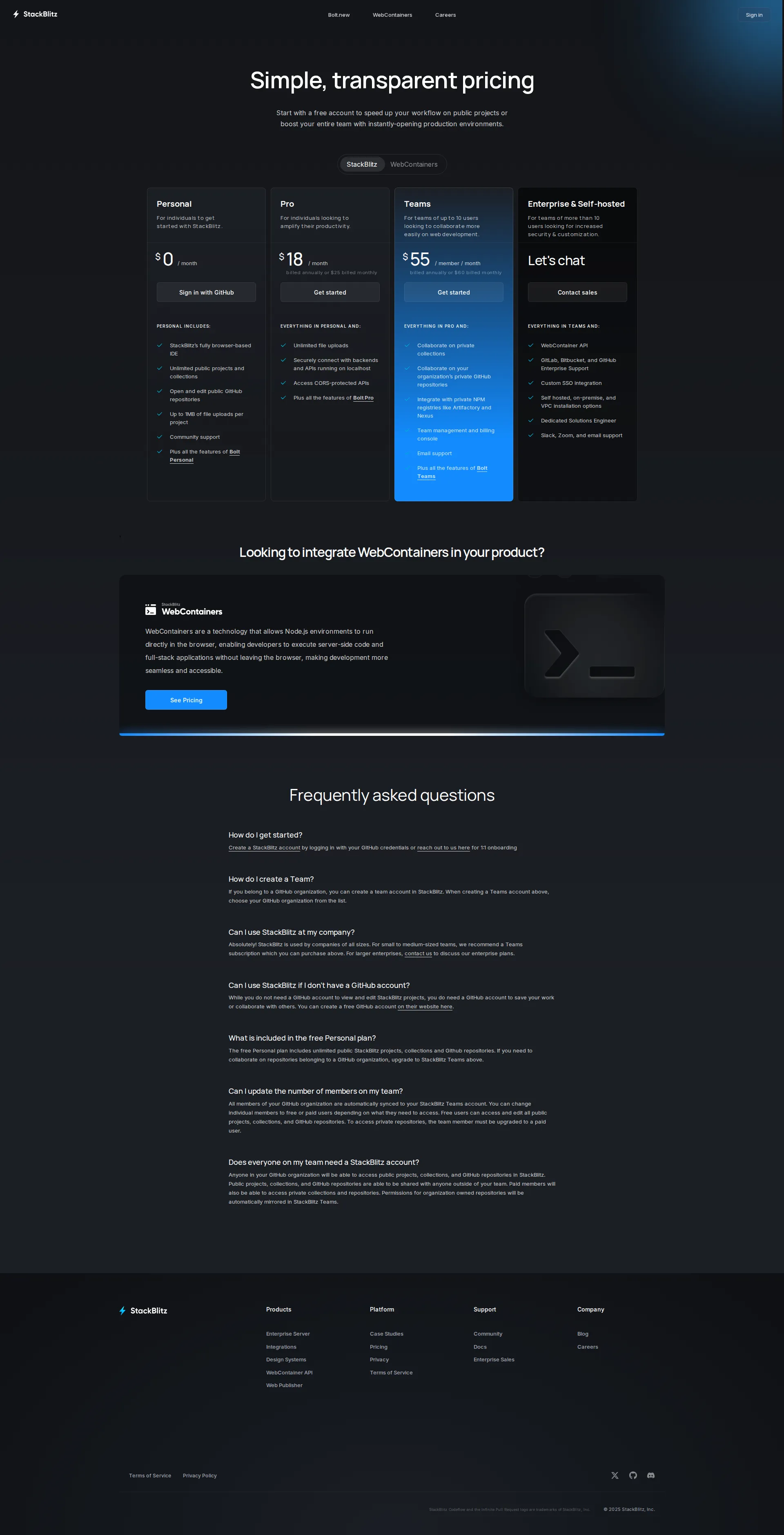 StackBlitz pricing page screenshot