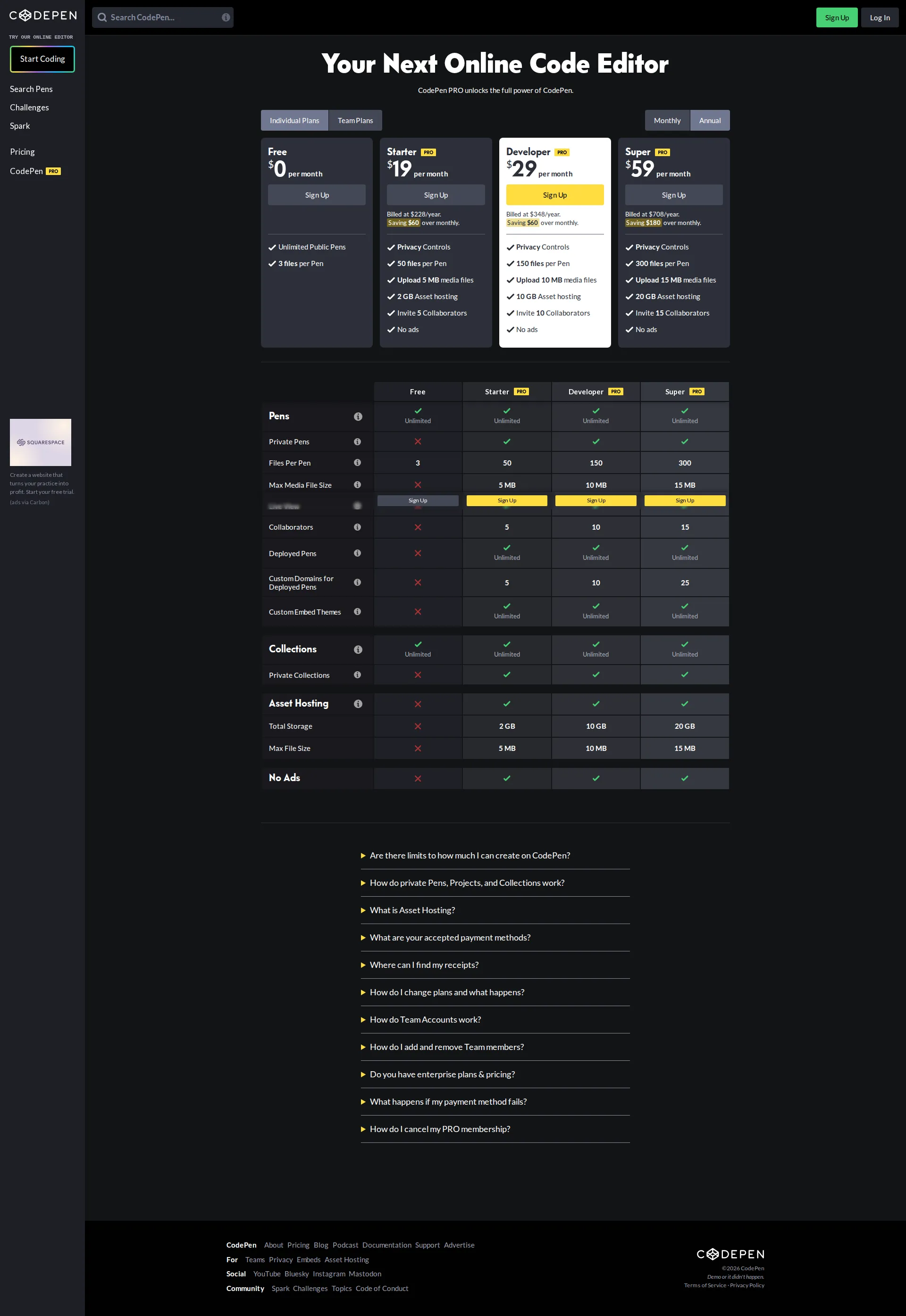 Codepen pricing page screenshot