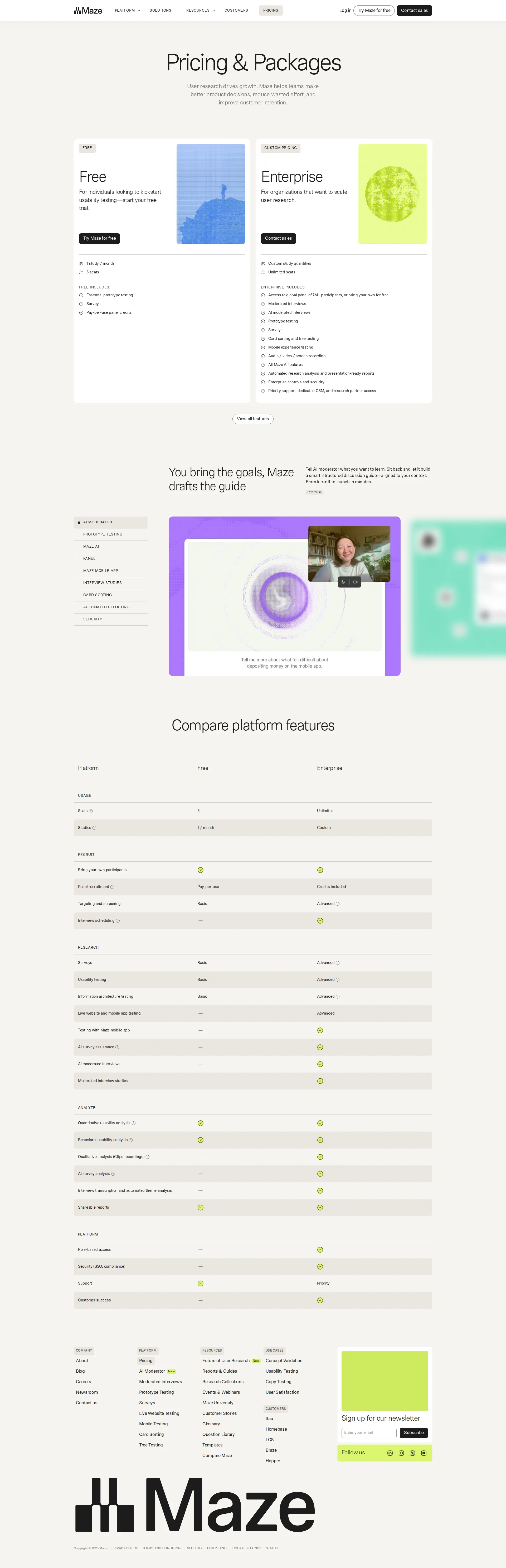Maze pricing page screenshot