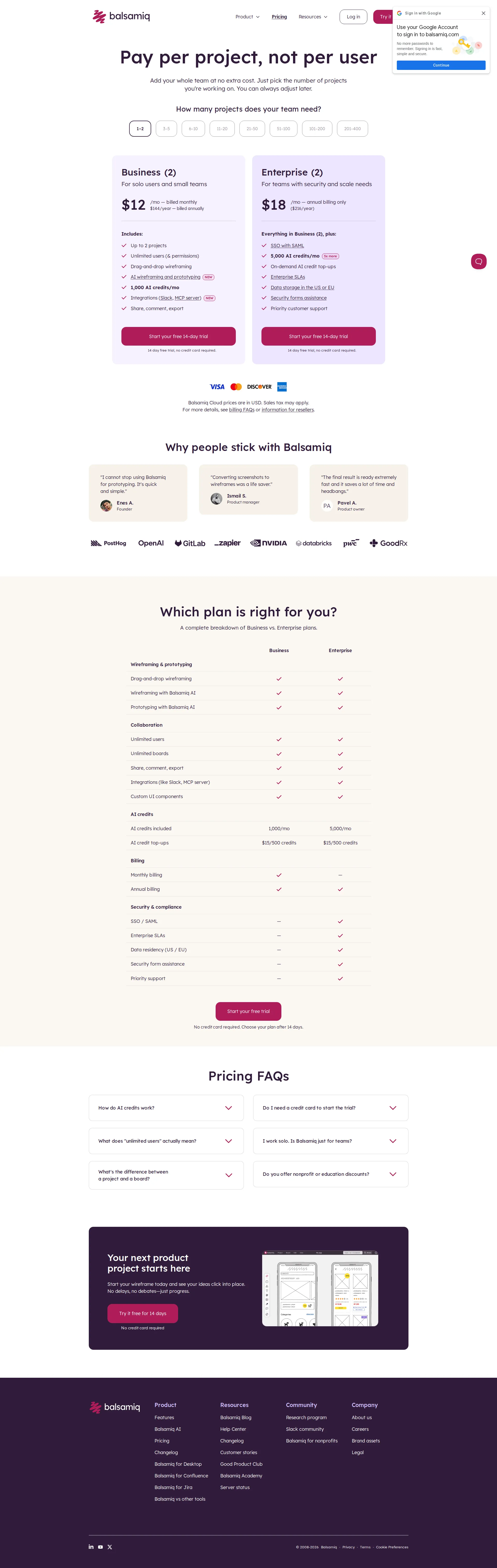 Balsamiq pricing page screenshot