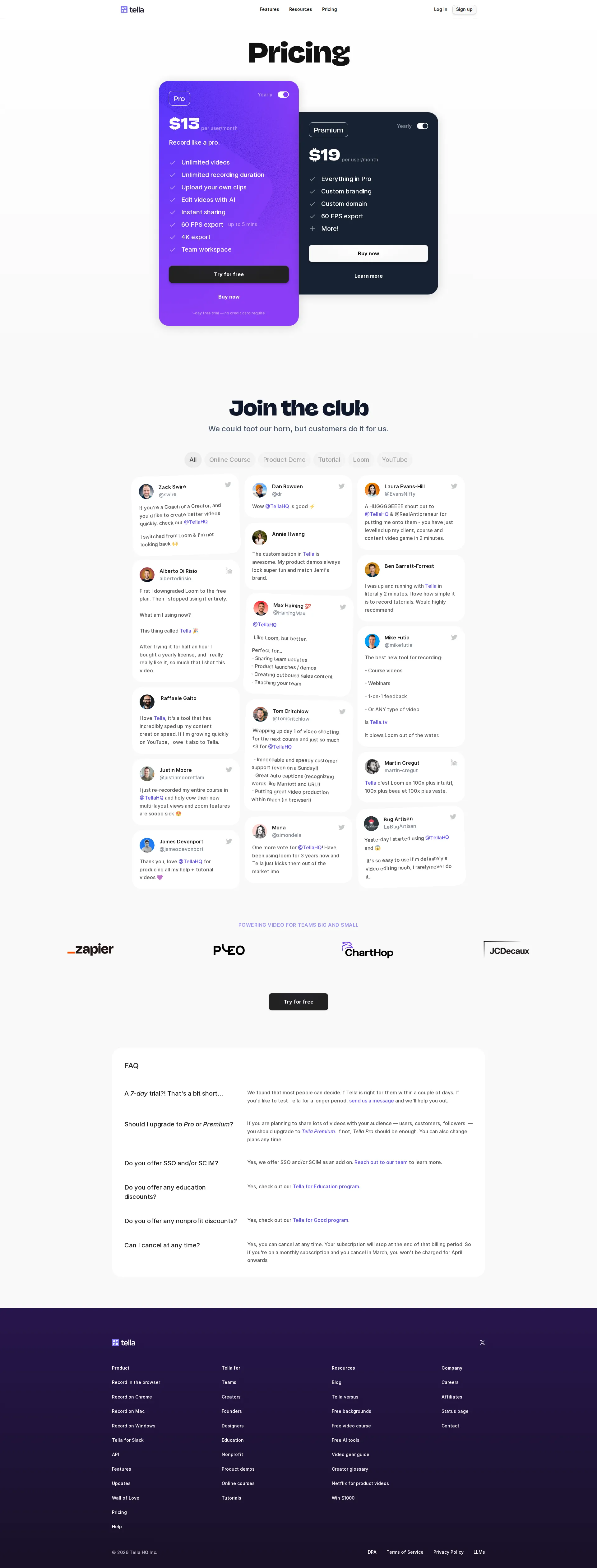 Tella pricing page screenshot