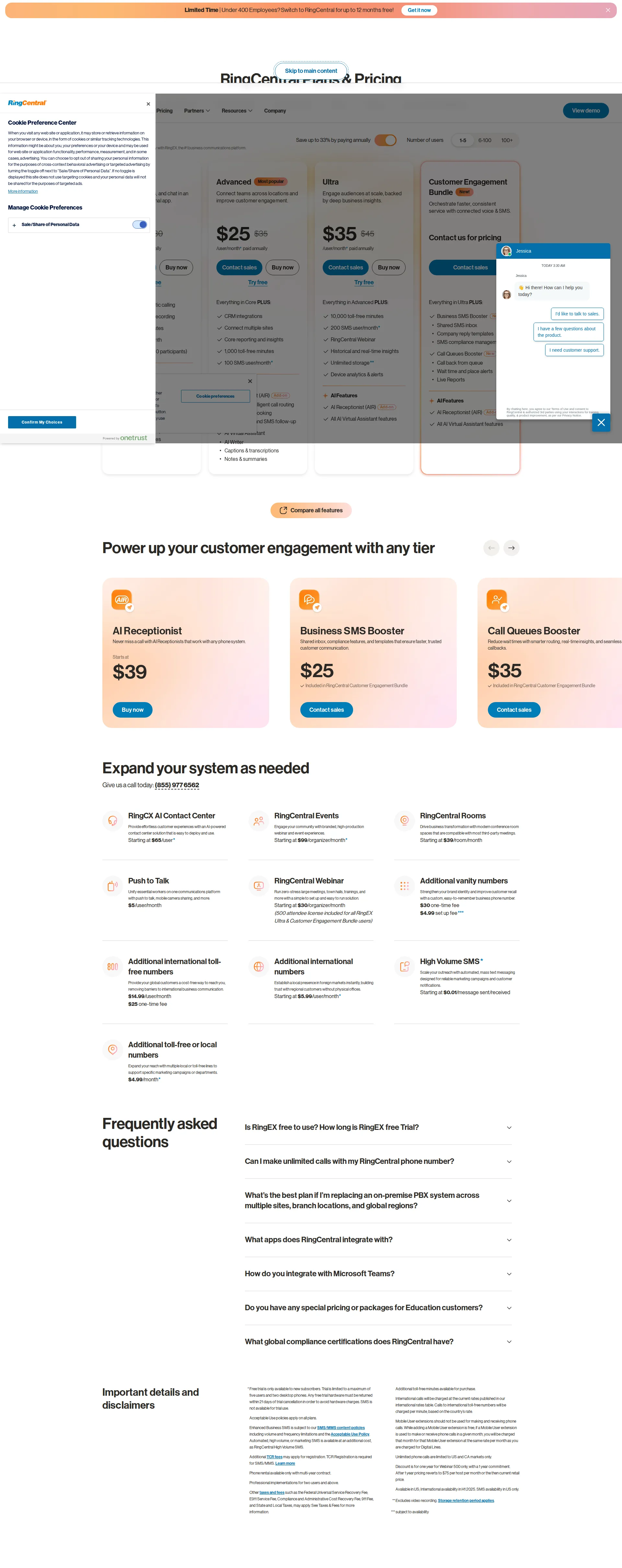 RingCentral pricing page screenshot